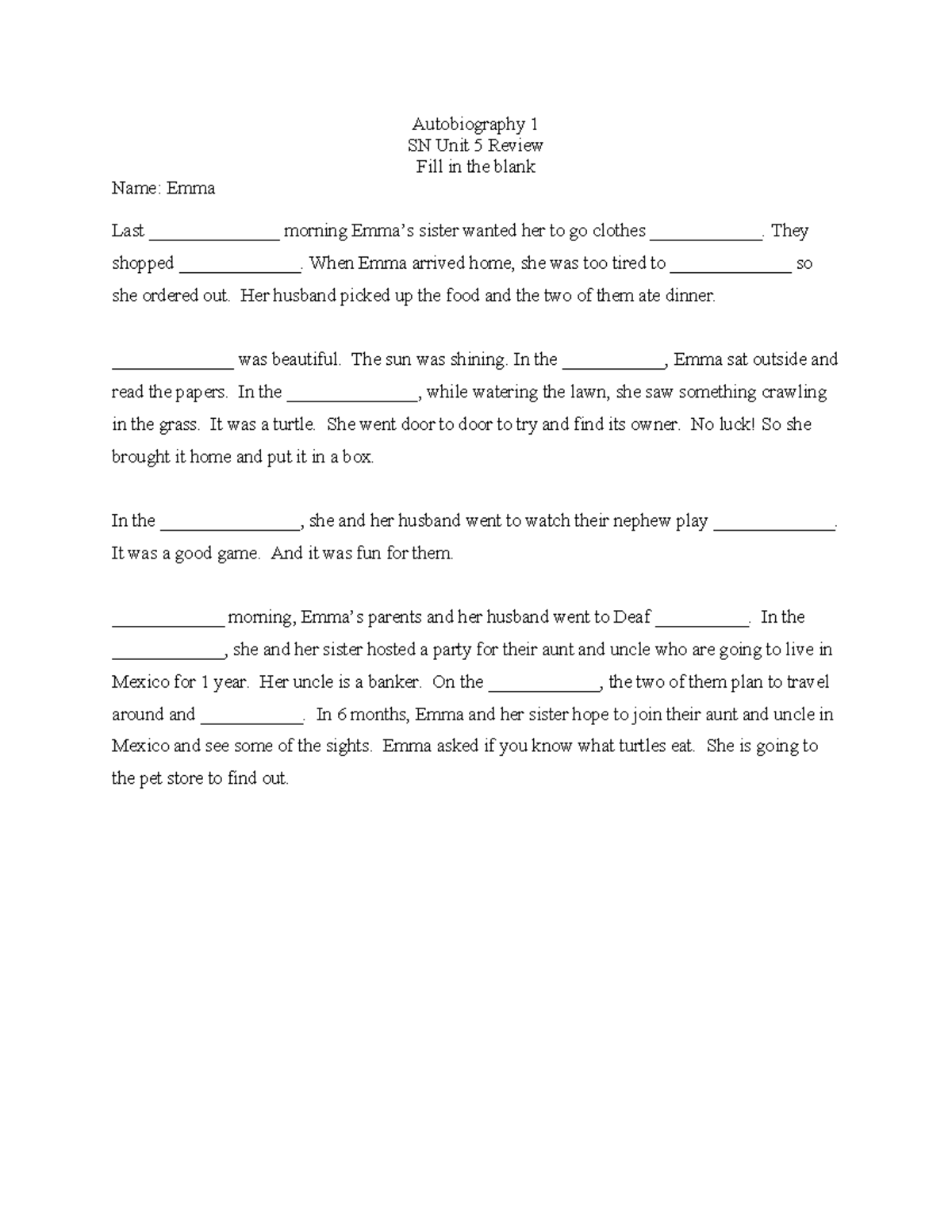 Unit 5 Autobiography 1: Fill in the Blank Review Exercise - Studocu