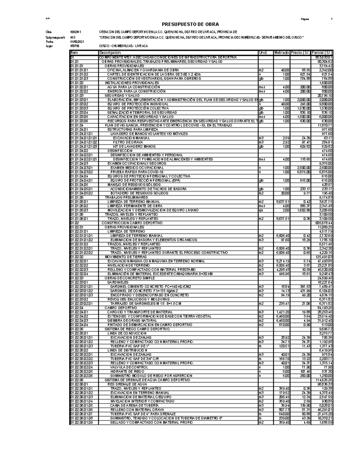 PT - Presupuesto General para Campo Deportivo en C.C. Quehuincha - Document Preview