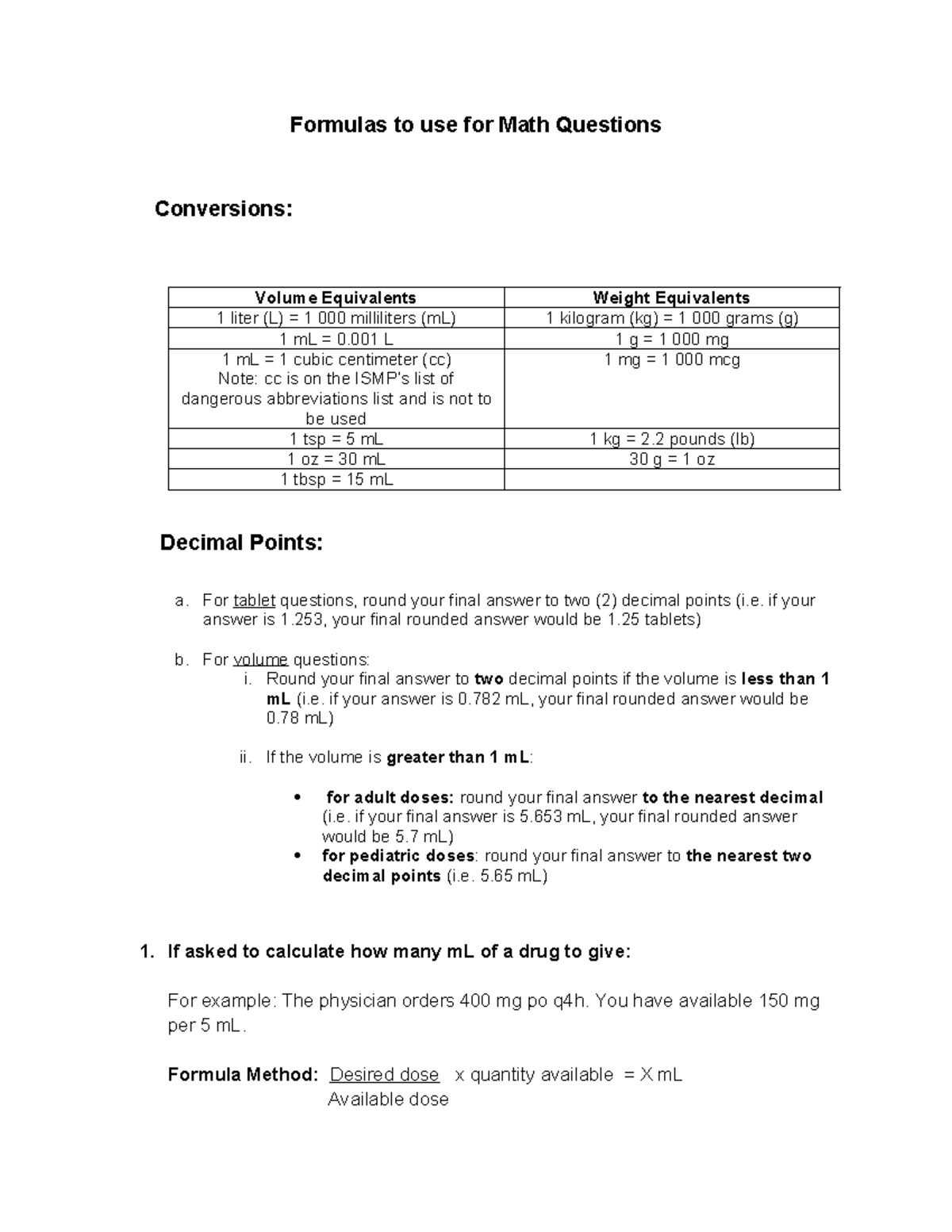 Math Formulas for Conversions: Volume & Weight Equivalents - Studocu