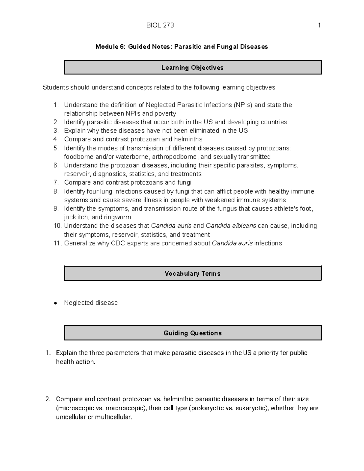 BIOL 273 Module 6: Guided Notes on Parasitic & Fungal Diseases - Studocu