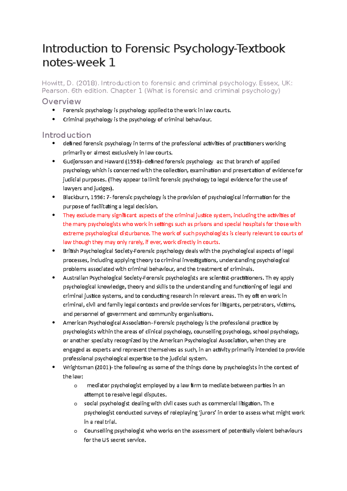 Forensic Psychology 101: Weekly Summary & Key Concepts Analysis - Studocu