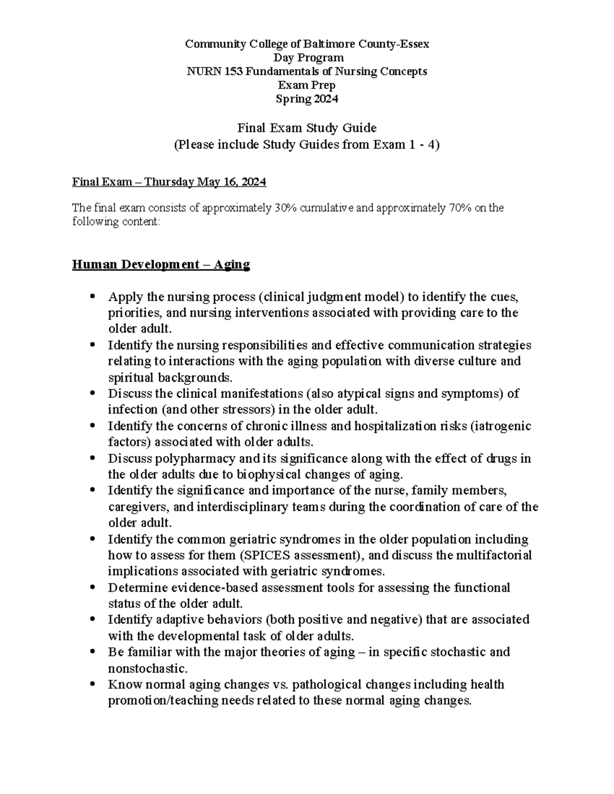 NURN 153 Final Exam Study Guide - Spring 2024 (Includes Exams 1-4 ...