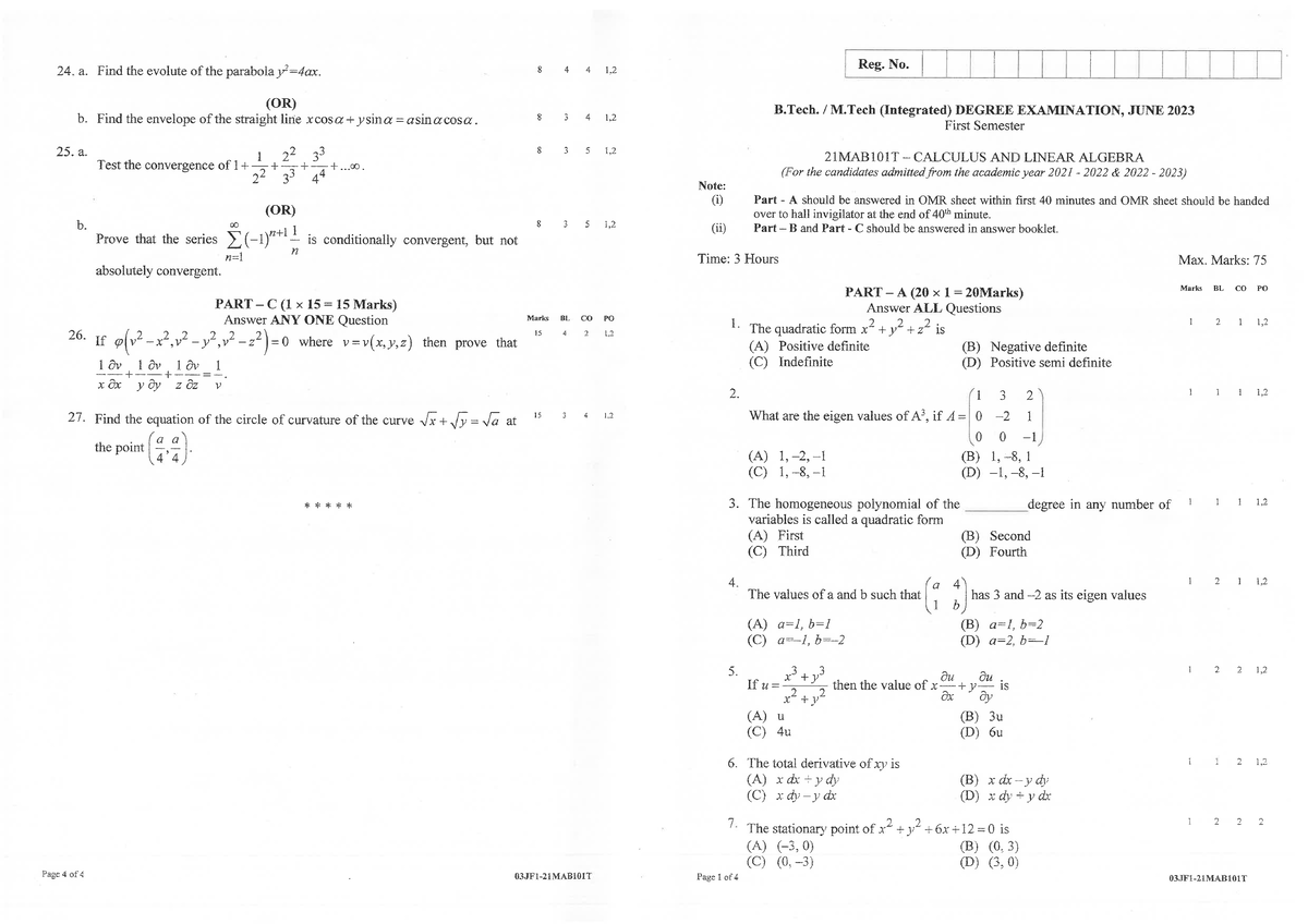 21MAB101T Final Exam: Calculus & Linear Algebra Questions - Studocu