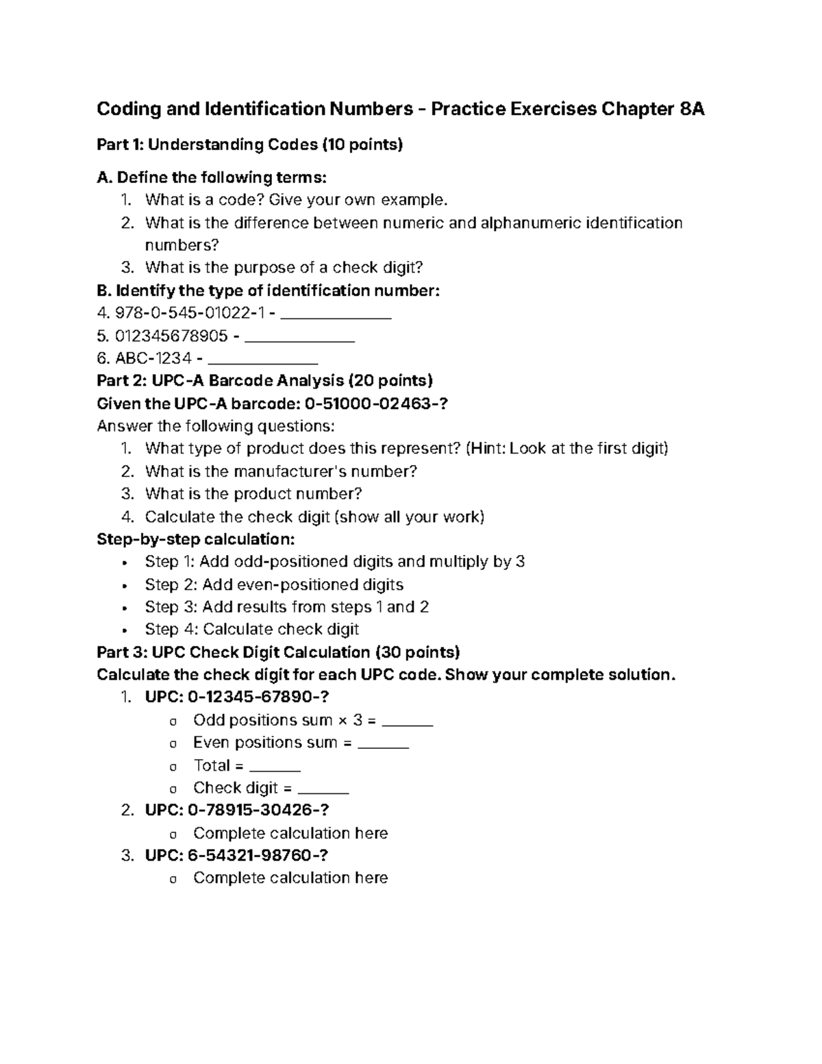 Practice Exercises 8A: Coding & ID Numbers Analysis and Check Digits ...