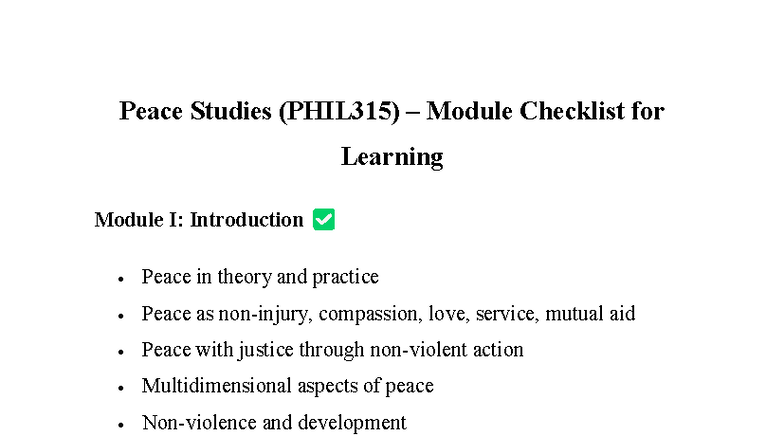 Peace Studies (PHIL315) Module I-IV Overview and Checklist - Studocu