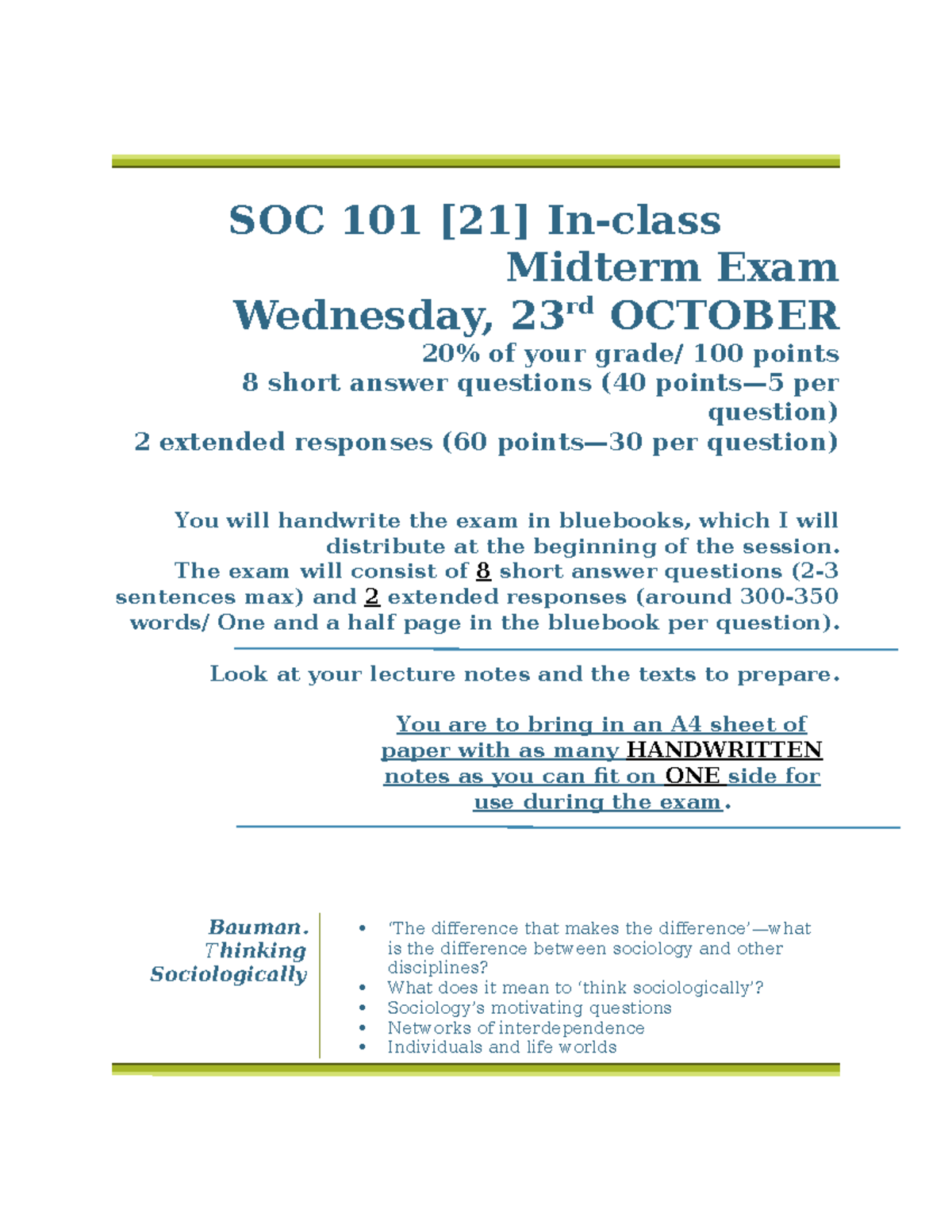 SOC 101 Midterm Exam Study Guide - Essential Topics & Concepts - Studocu