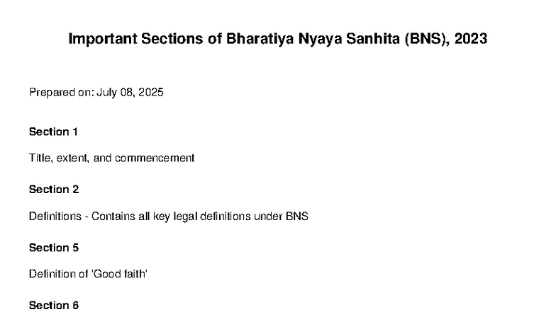 Important Sections of Bharatiya Nyaya Sanhita (BNS) - 2023 Overview ...