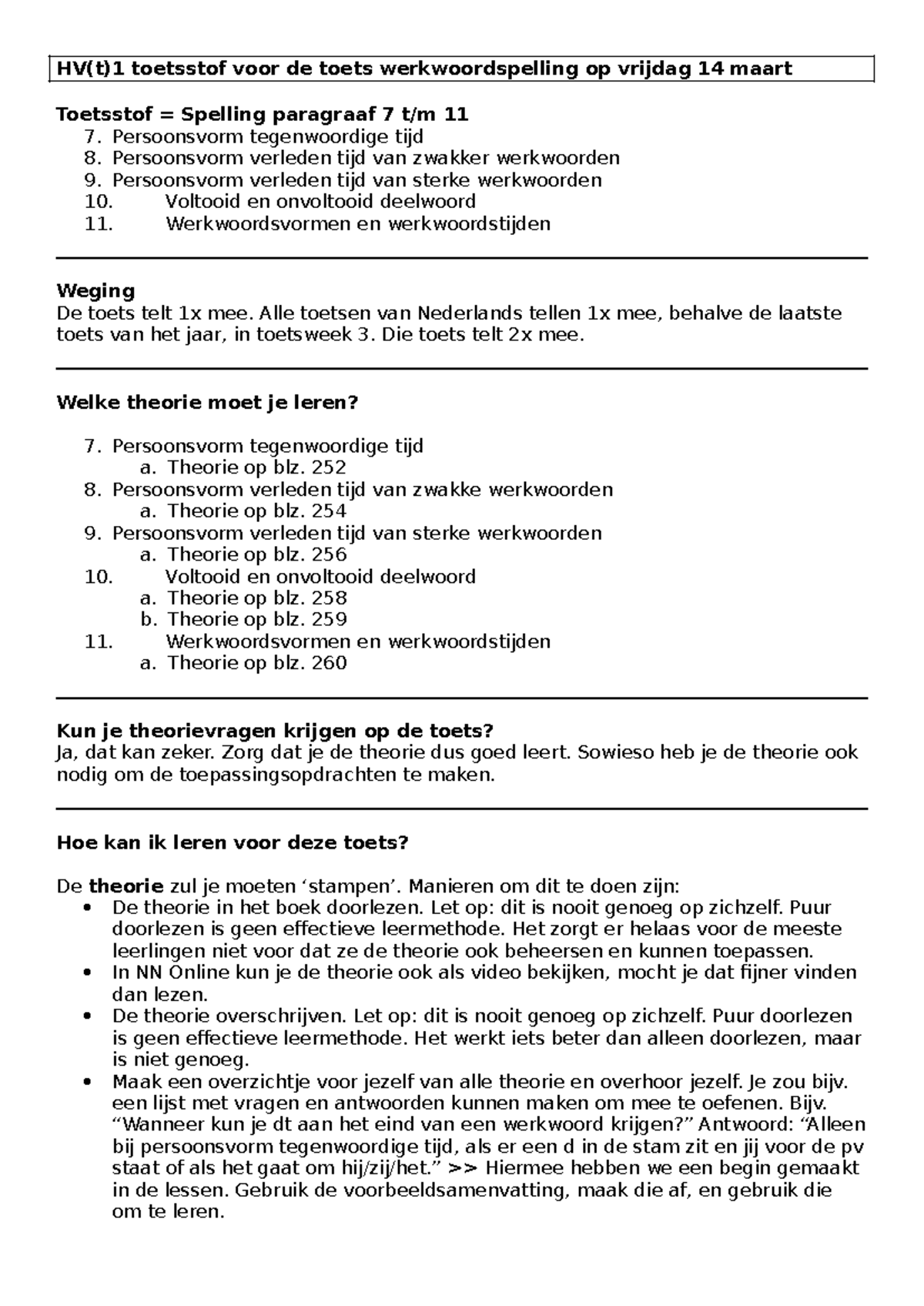 HV(t)1 Toetsstof Werkwoordspelling: Theorie en Leren voor Toets ...