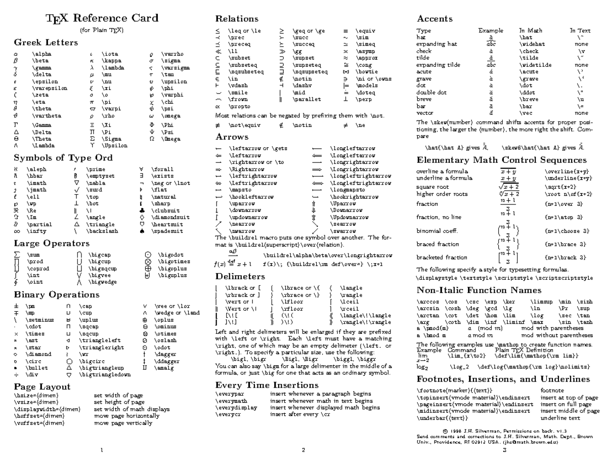 TEX Reference Card: Greek Letters & Math Symbols Notes - Studocu