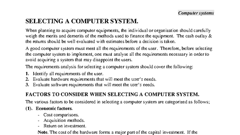 Selecting a Computer system - SELECTING A COMPUTER SYSTEM. When ...