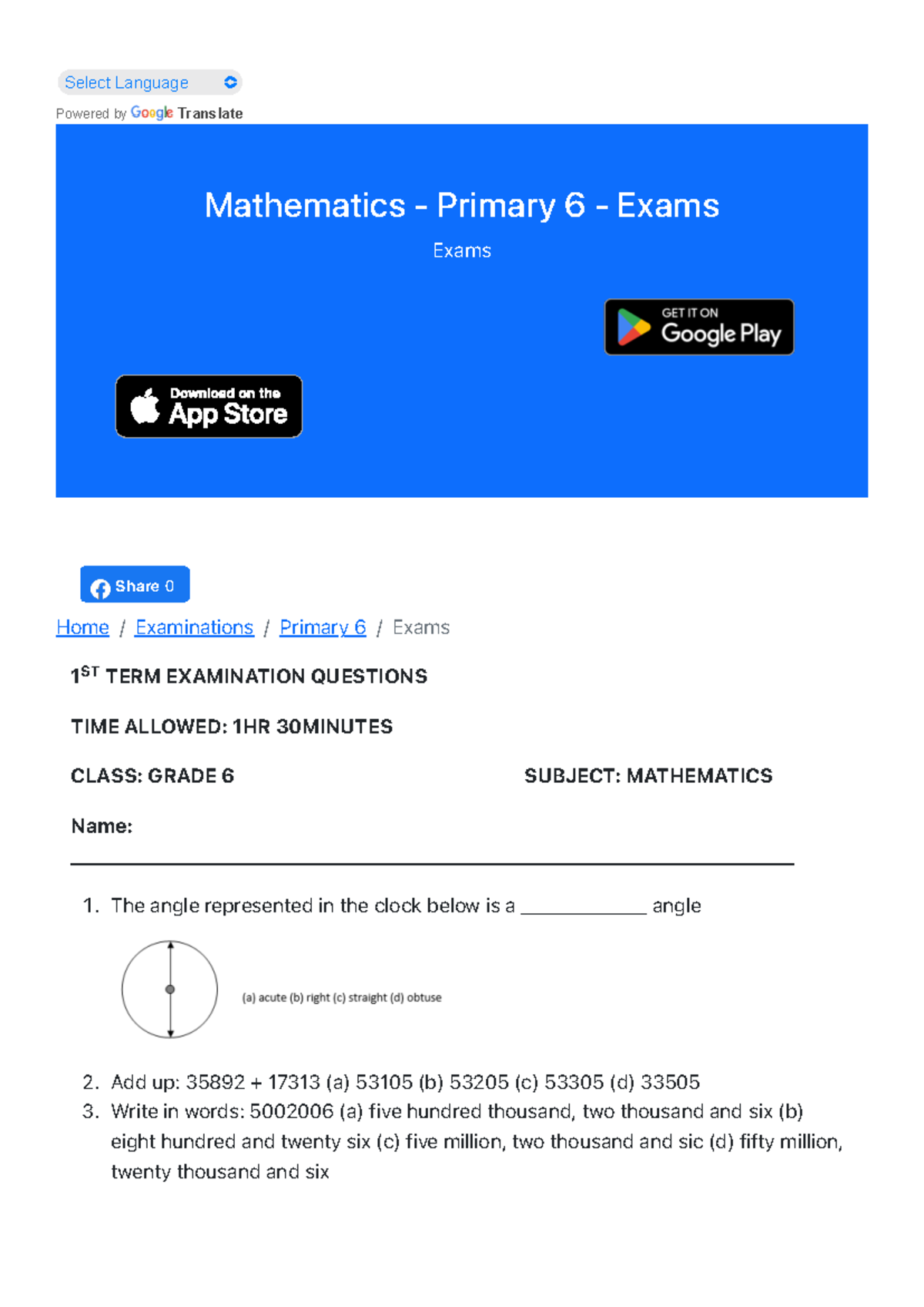 Mathematics Exam Questions for Primary 6 - Term 1 (Grade 6) - Studocu
