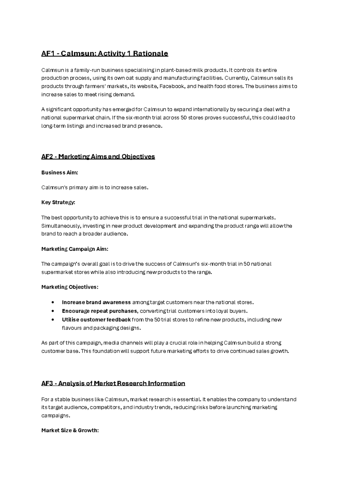 Calmsun Marketing Strategy & Market Analysis (AF1) - Activity 1 ...