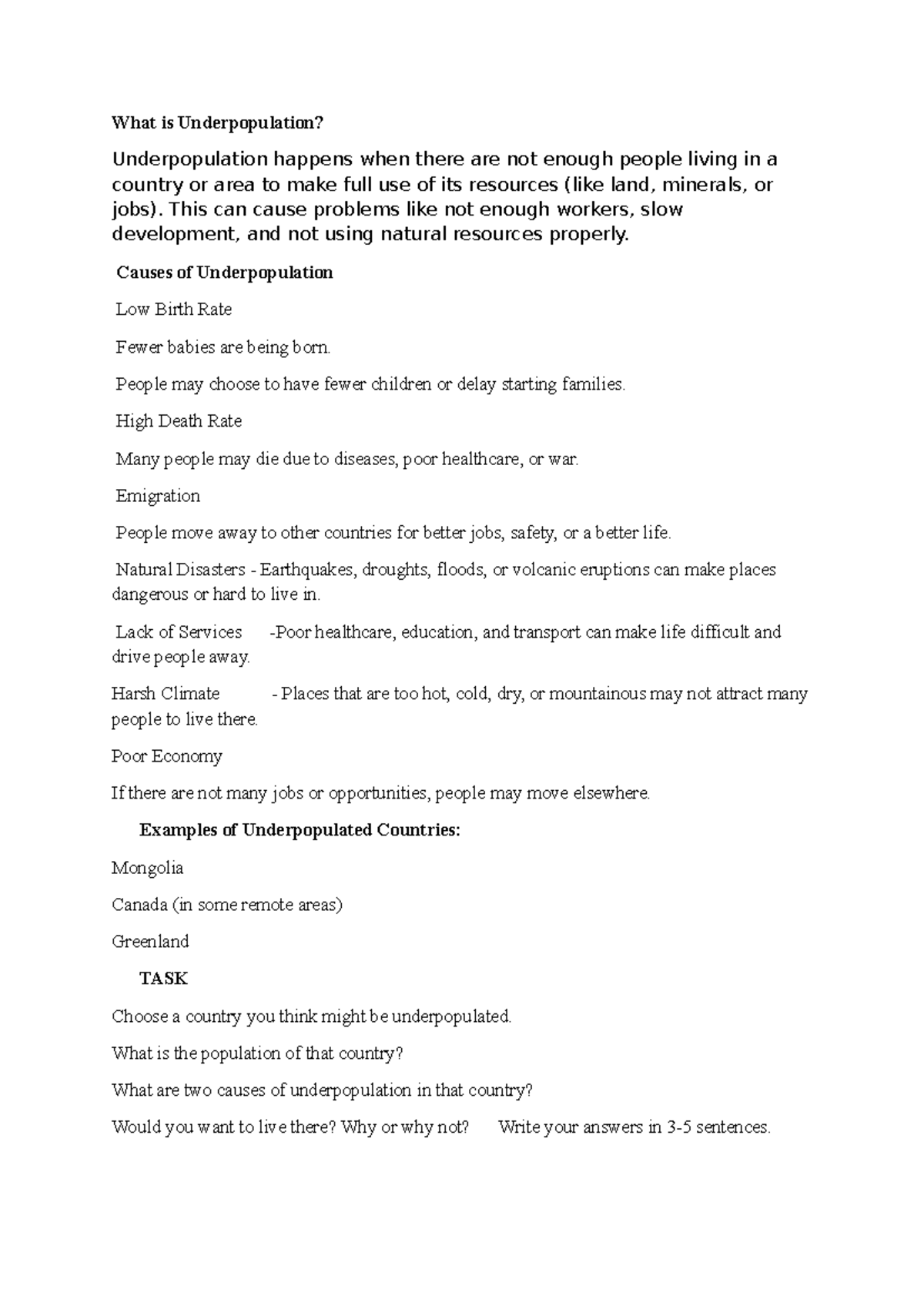 Year 7 Geo Notes: Understanding Underpopulation Causes and Effects ...