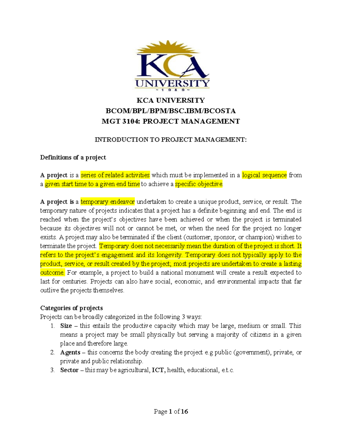 KCA UNIVERSITY MGT 3104: Intro to Project Management Overview - Studocu