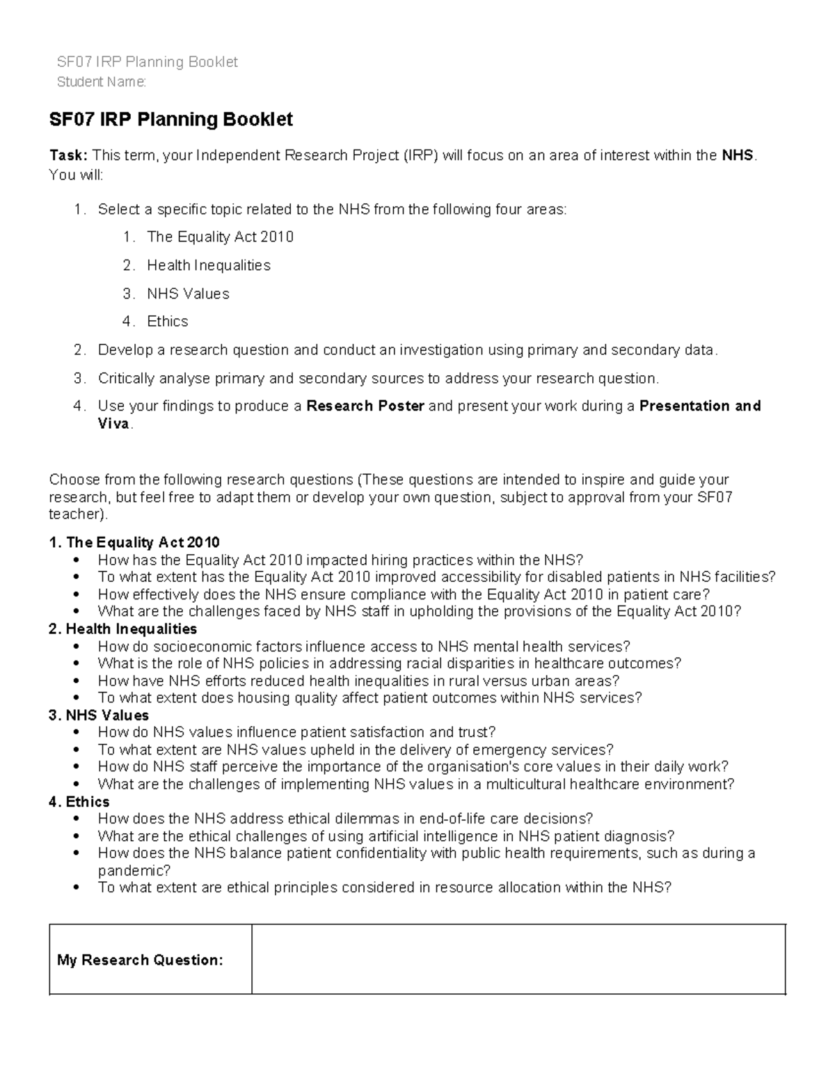 IRP Planning Booklet - Rt Please do not ask this - Student Name: SF07 ...