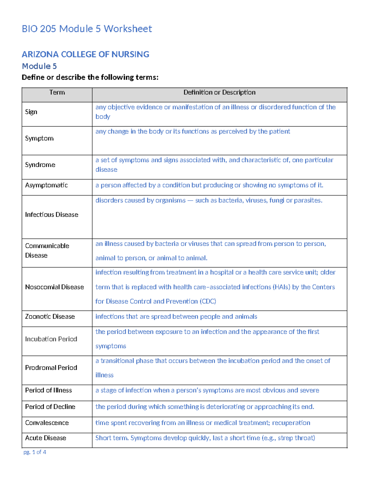 BIO 205 Module 5 Worksheet: Key Terms and Definitions in Epidemiology ...