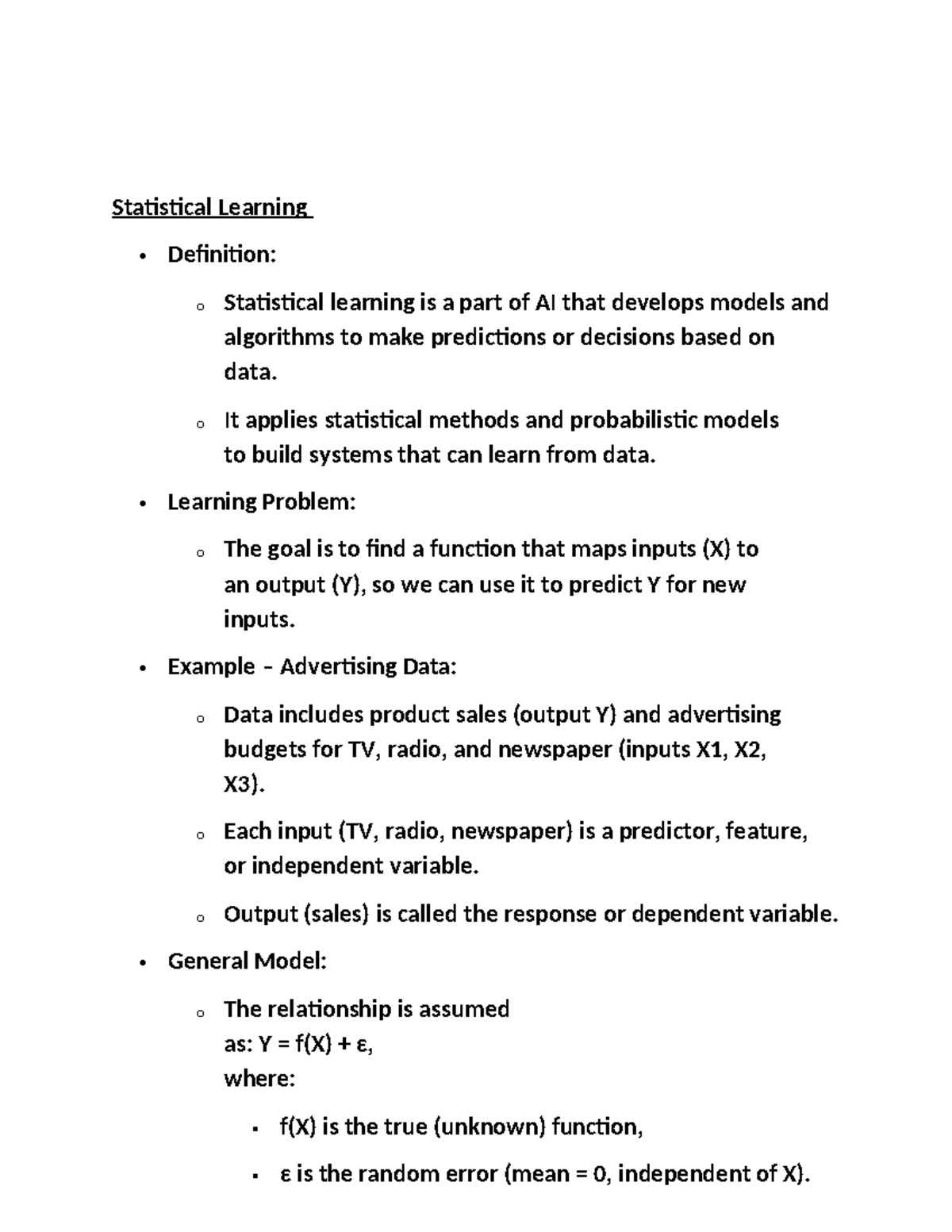Statistical Learning Overview: Key Concepts and Models (DATA Science M2 ...