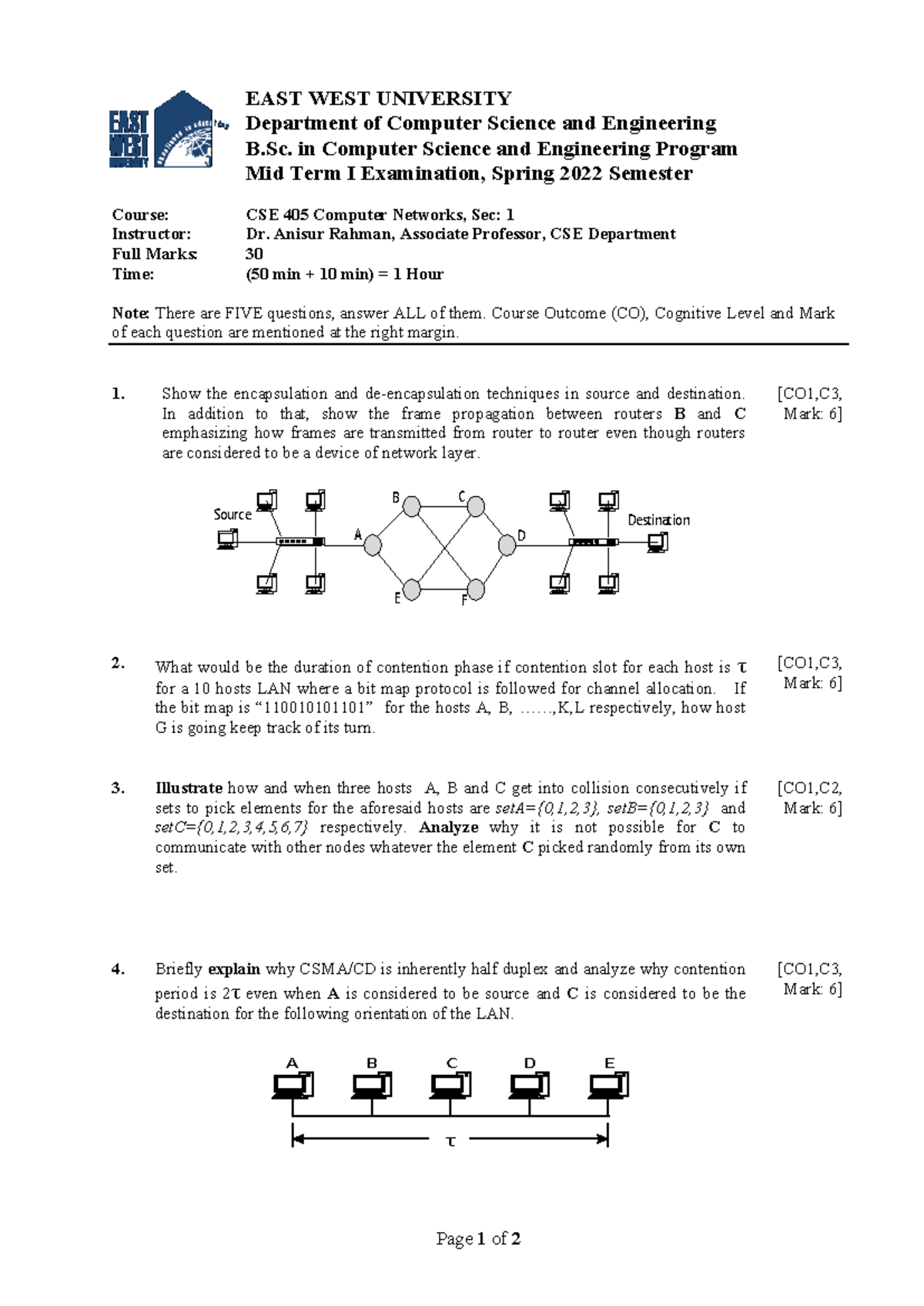 Midterm 1 Sec 1 - ............ - Page 1 of 2 EAST WEST UNIVERSITY ...