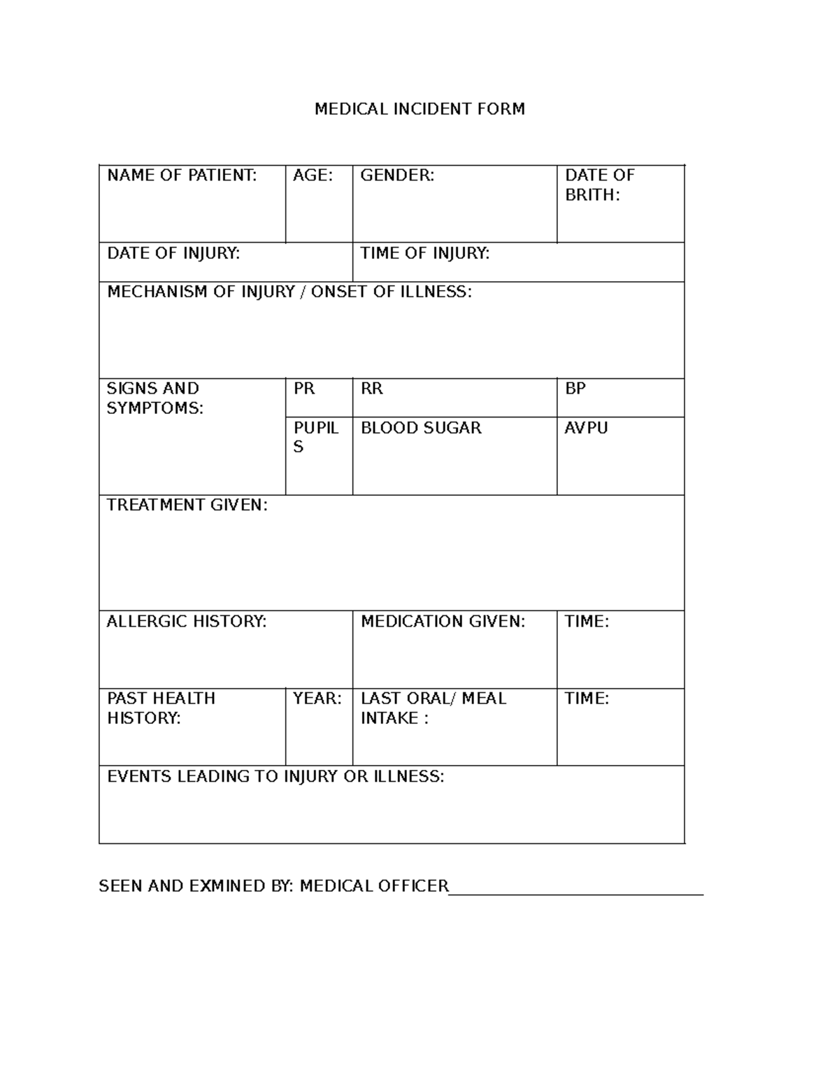 Medical FORM - RTA - MEDICAL INCIDENT FORM NAME OF PATIENT: AGE: GENDER ...