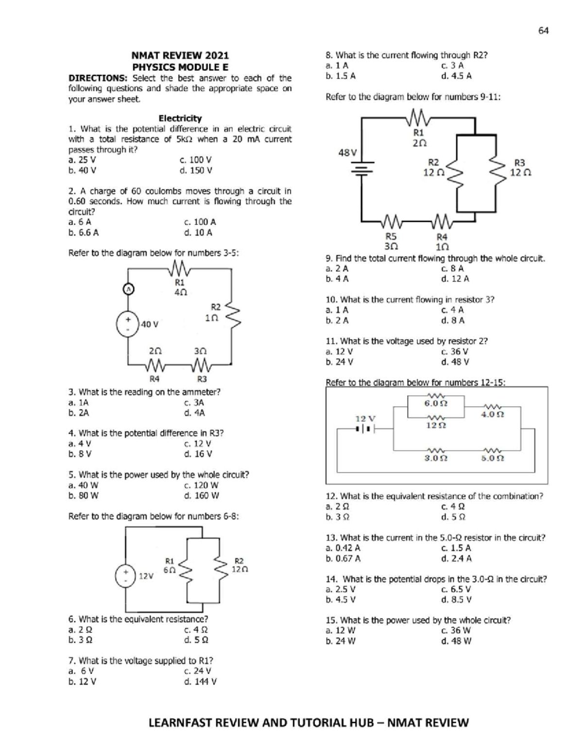 NMAT REVIEW 2021: Physics E Practice Questions and Answers - Studocu