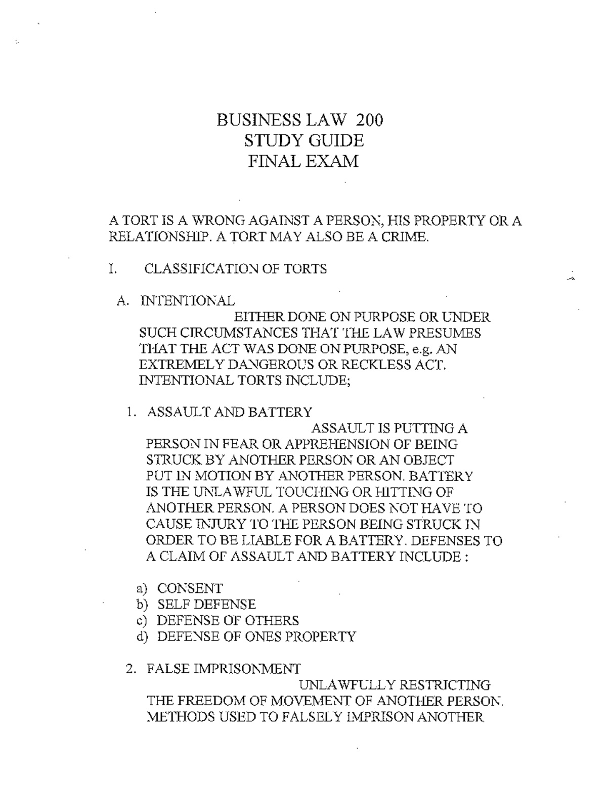 LGS 200 Final Study Guide - BUSINESS LAW 200 STUDY GUIDE FINAL EXAM A ...