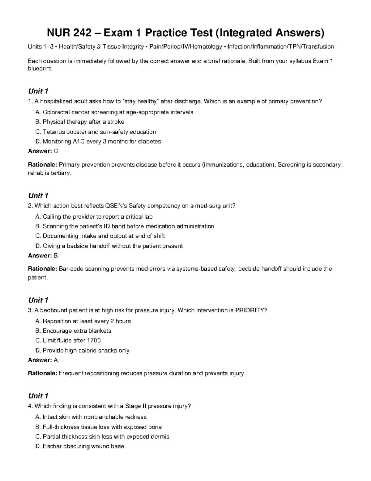 NUR 242 Exam 1 Practice Test with Integrated Answers on Tissue ...