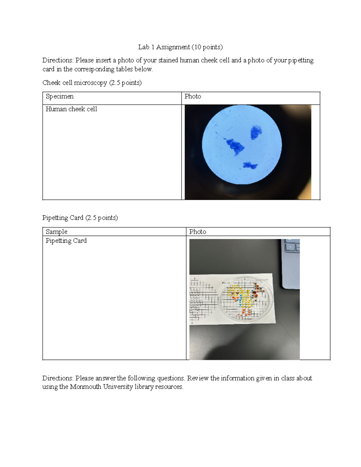 BIOL 101 Lab 1 Assignment: Cheek Cell & Pipetting Card Photos - Studocu