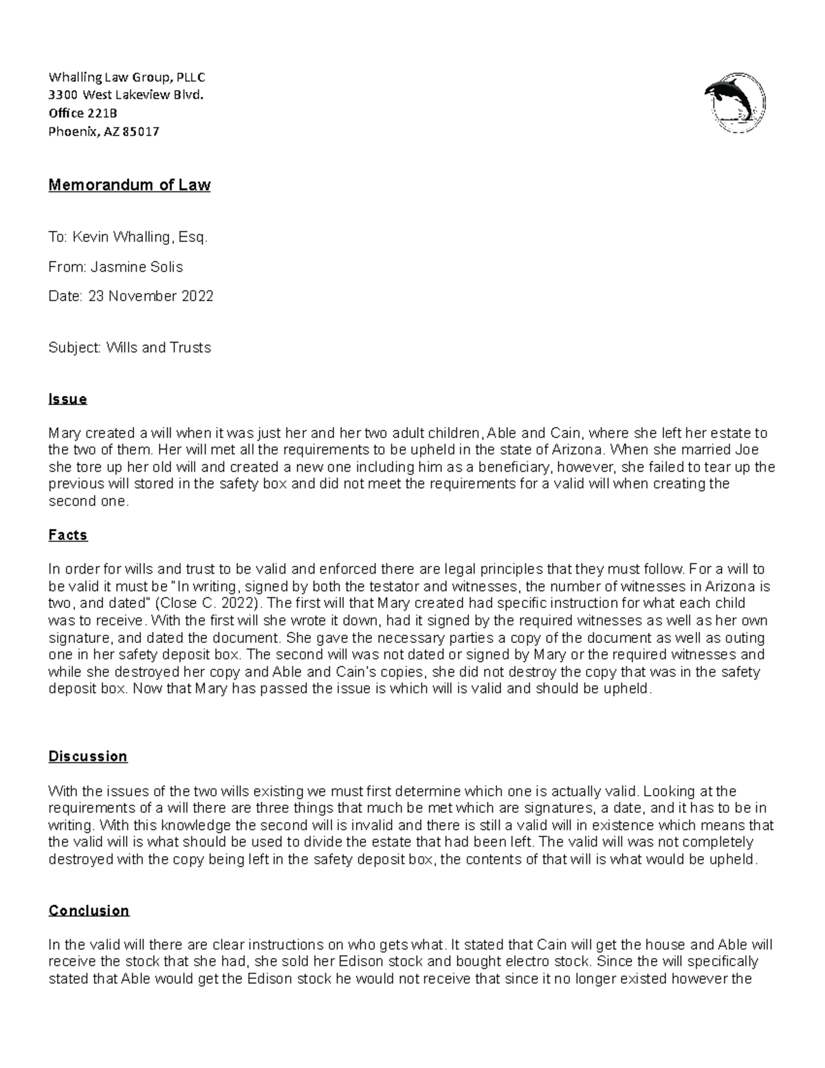 Memorandum of Law: Wills & Trusts Analysis for Kevin Whalling, Esq ...
