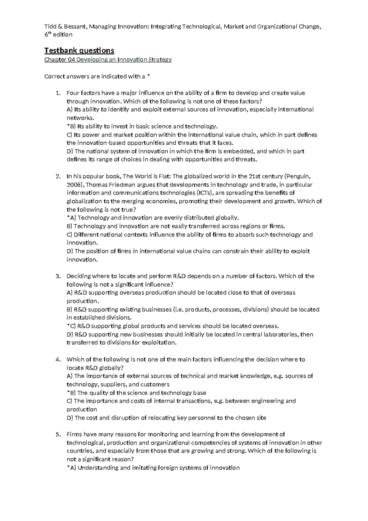 Ch04 - Developing an Innovation Strategy Testbank Questions - Studocu