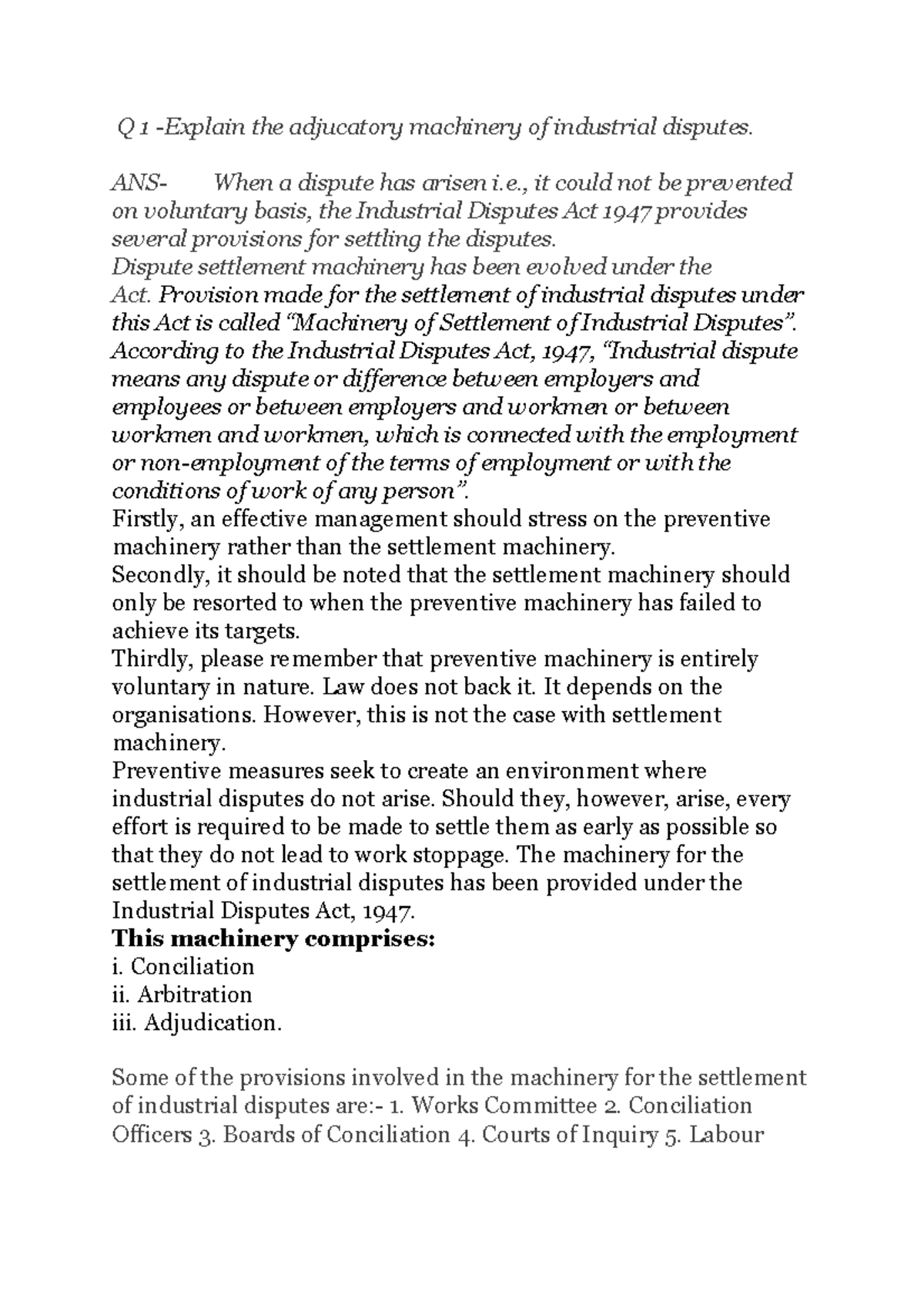 Q1 - Adjudicatory Machinery of Industrial Disputes in Labour Law - Studocu