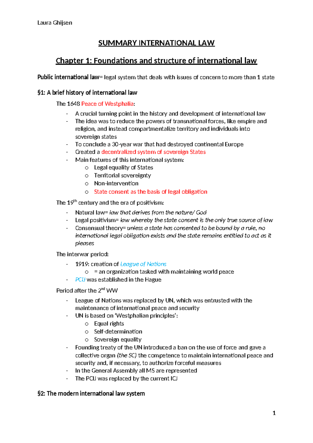 Laura Ghijsen SUMMARY INTERNATIONAL LAW Chapter 1: Foundations ...