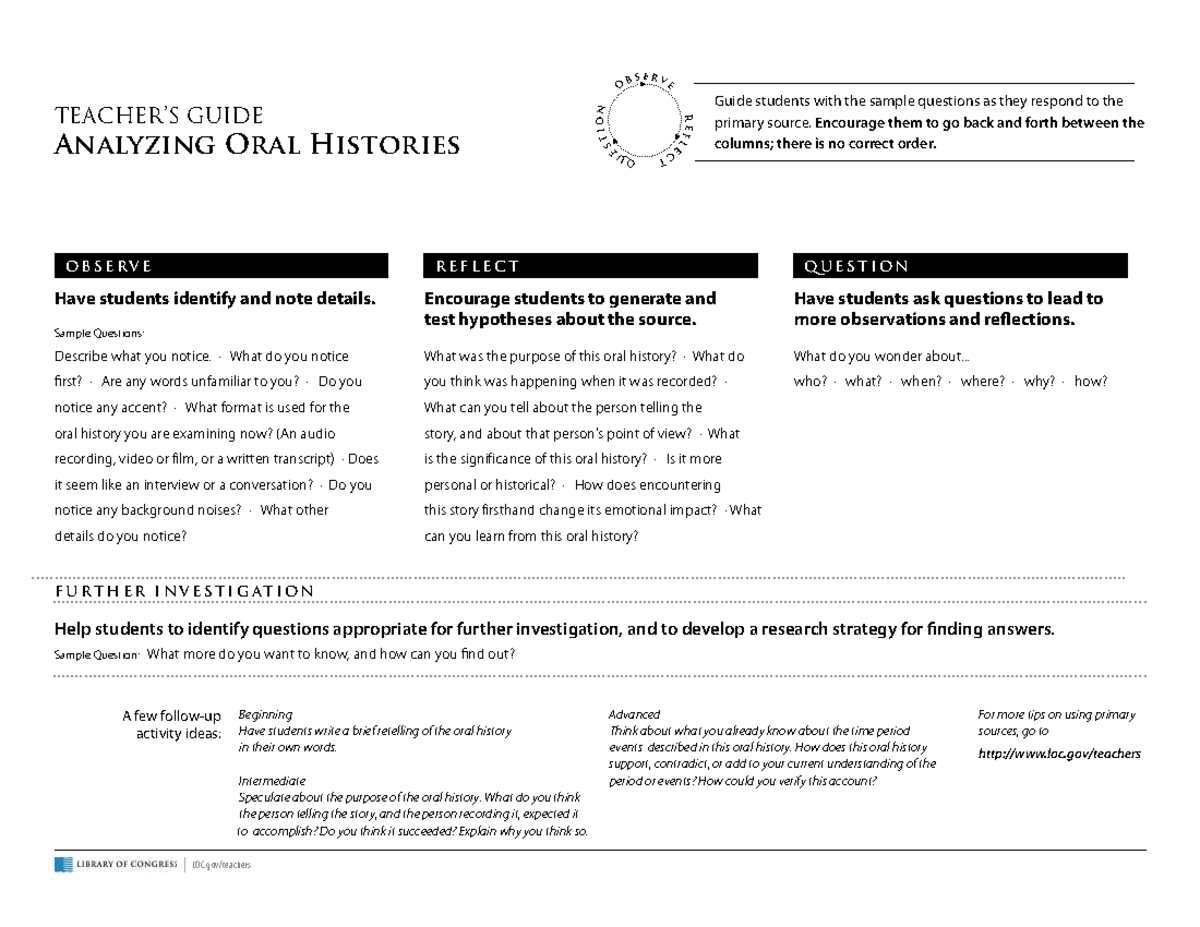 ST E C T QU OBSERVE E Analyzing Oral Histories Reflection Guide - Studocu