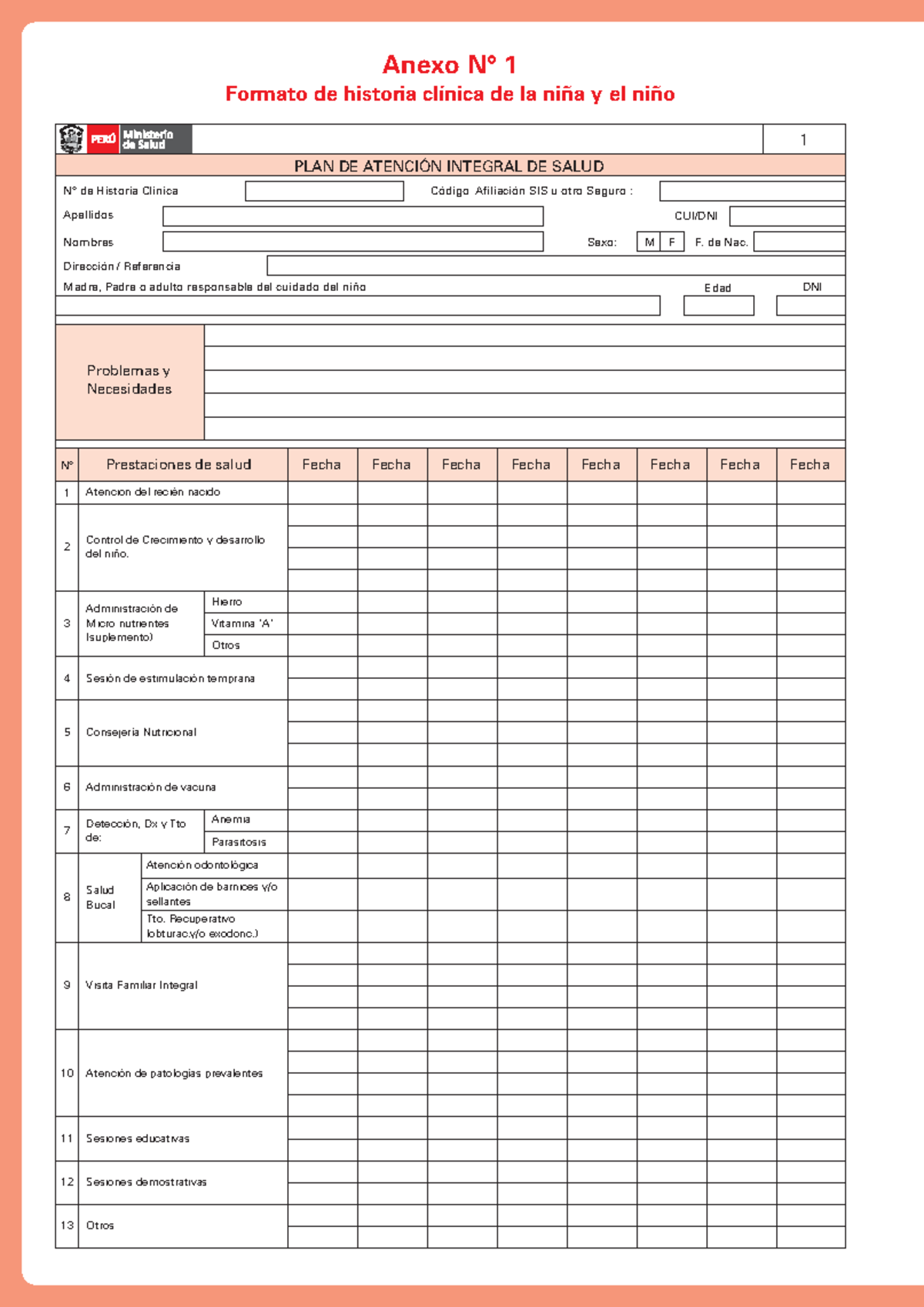 Formato de Historia Clínica Infantil: Anexo N° 1 - Salud Integral - Document Preview