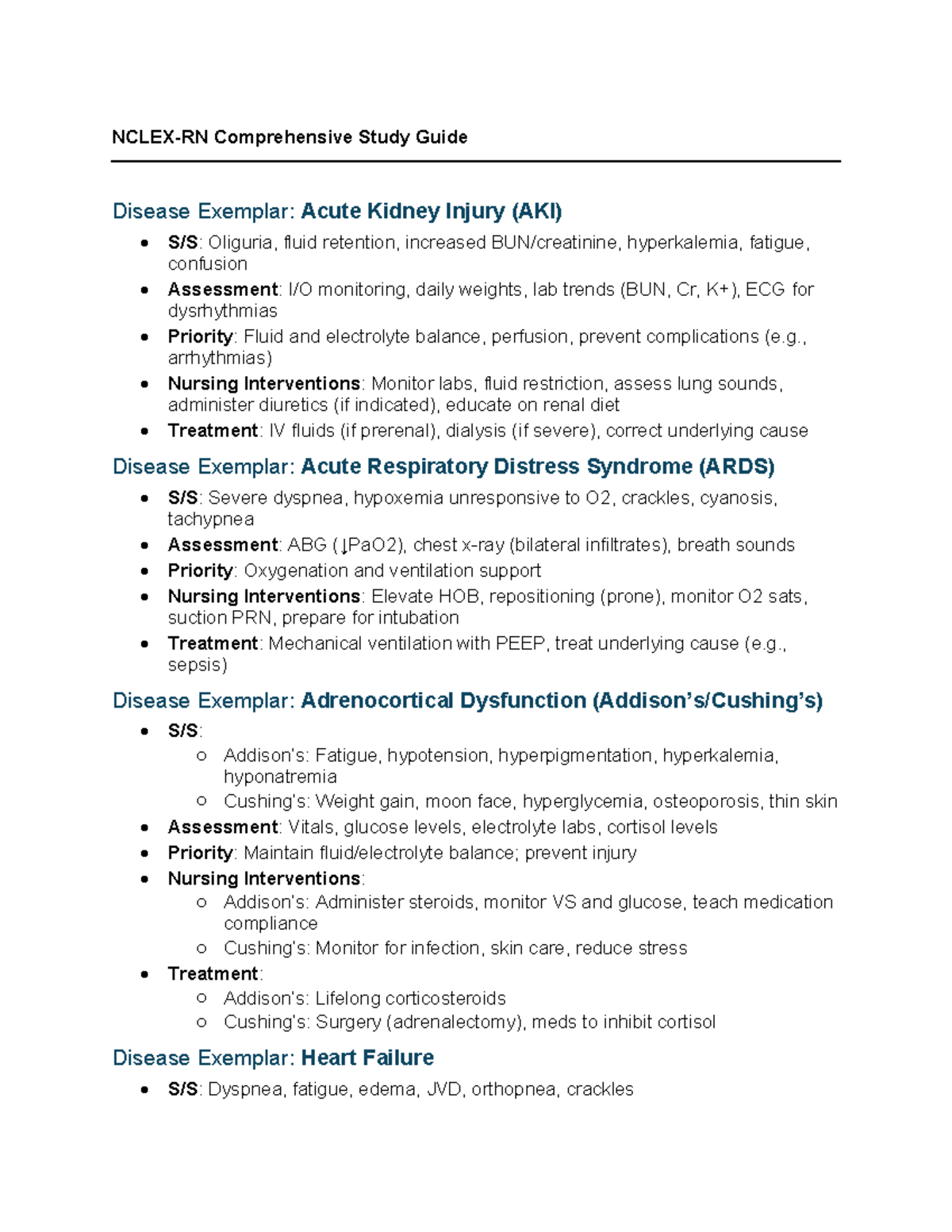 Med Surge 1: Comprehensive Study Guide on Disease Exemplars - Studocu