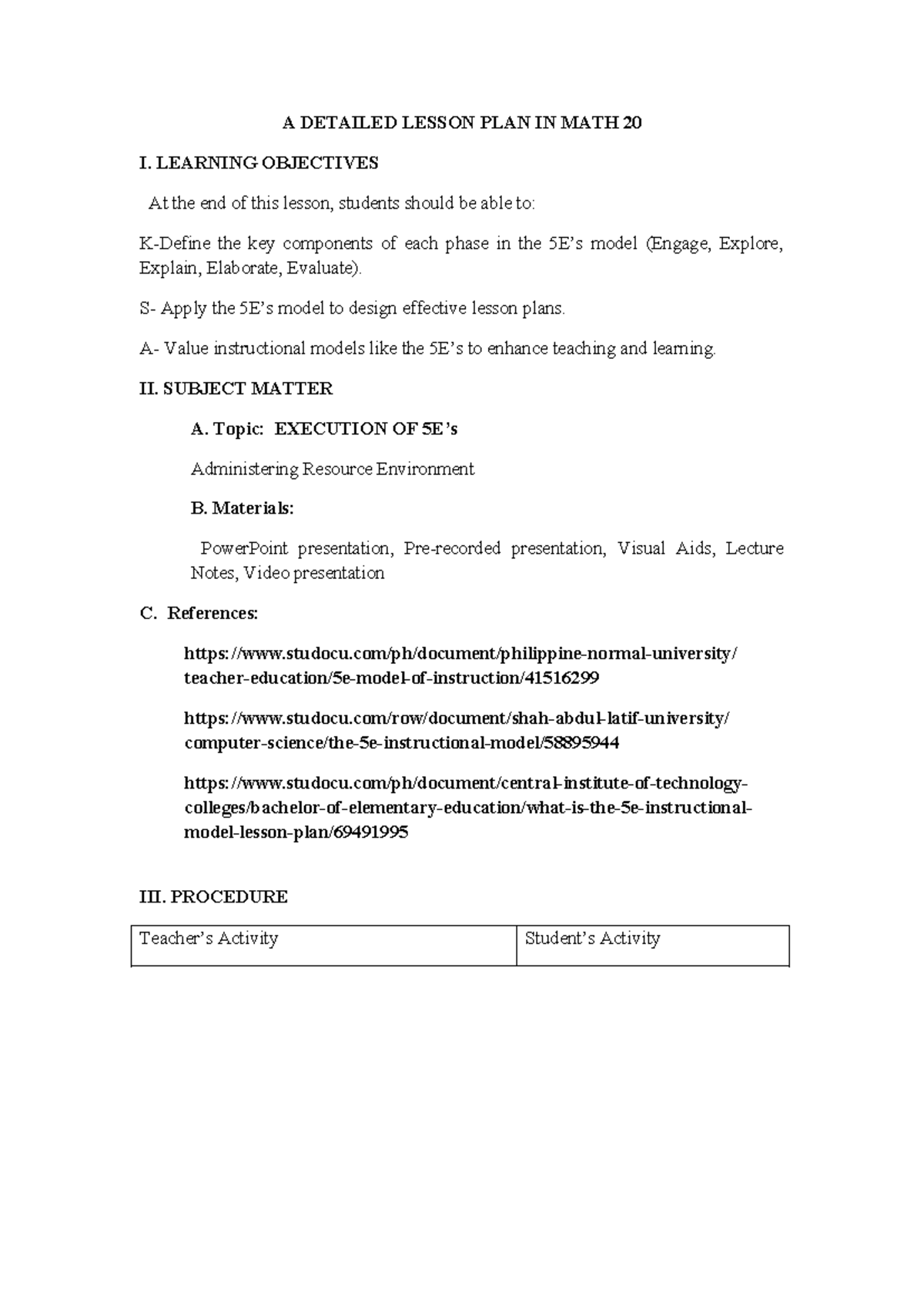 Math 20: Comprehensive Lesson Plan Utilizing the 5E Model - Studocu