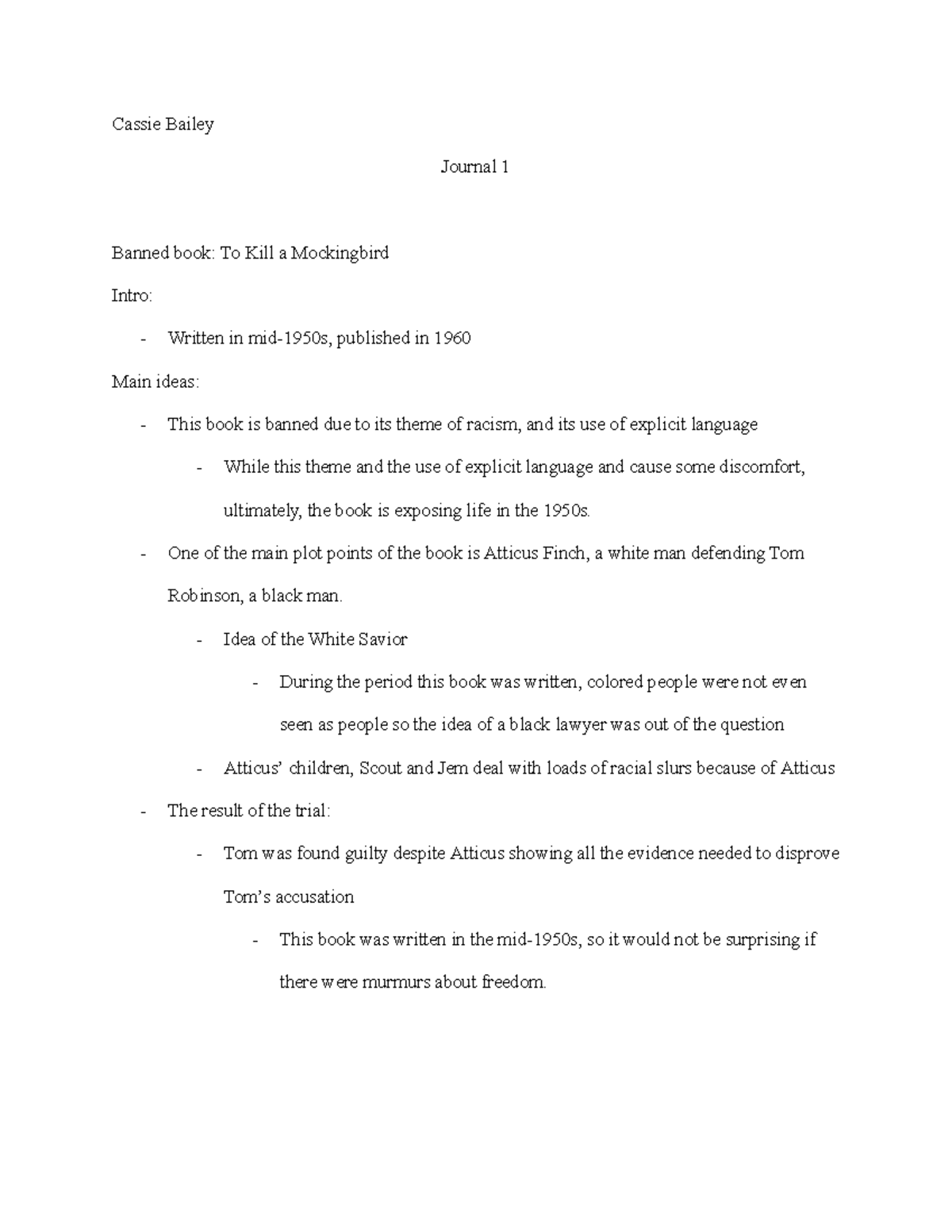 Journal 1 - Analysis of Banned Book: To Kill a Mockingbird - Studocu