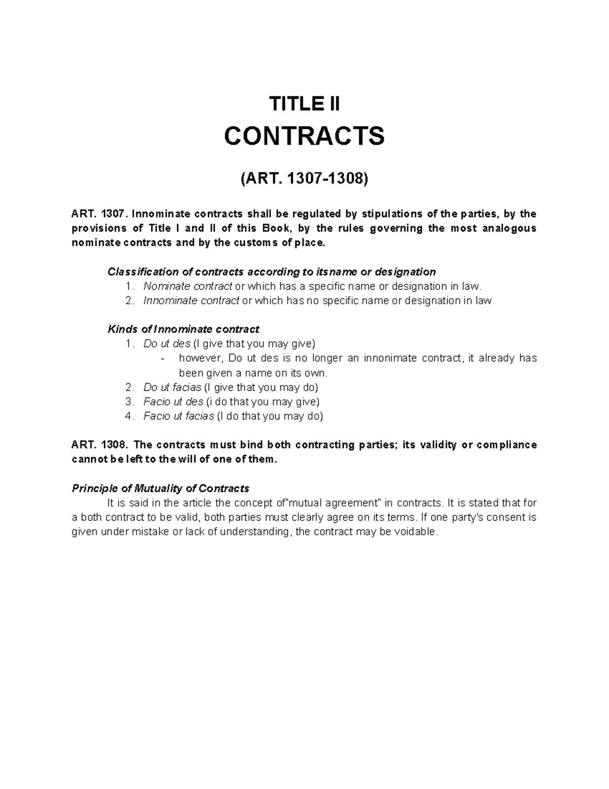 TITLE II CONTRACTS: Articles 1307-1308 Overview for School Use - Studocu