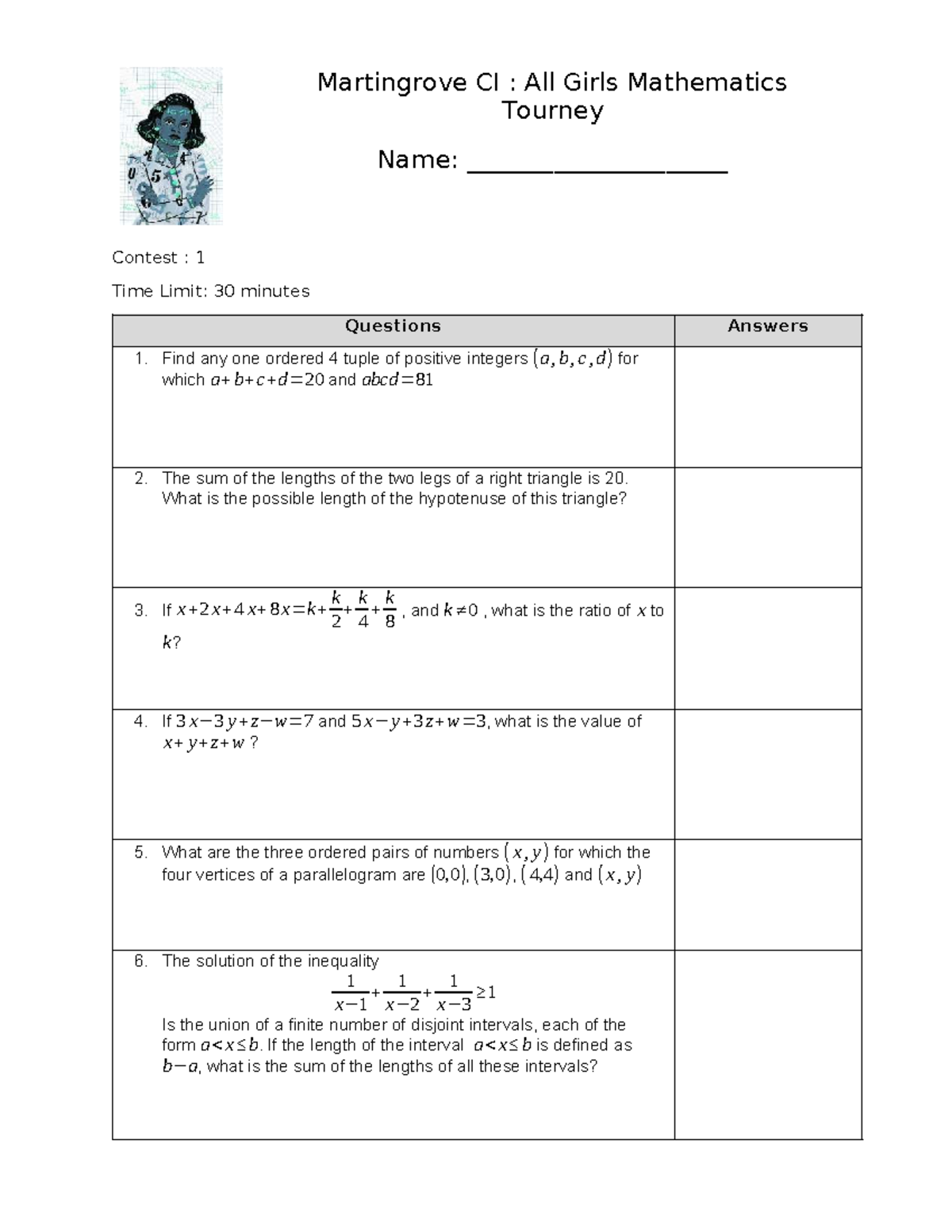 MCI AGMT 2022: Math Contest for Girls - Problem Set & Solutions - Studocu