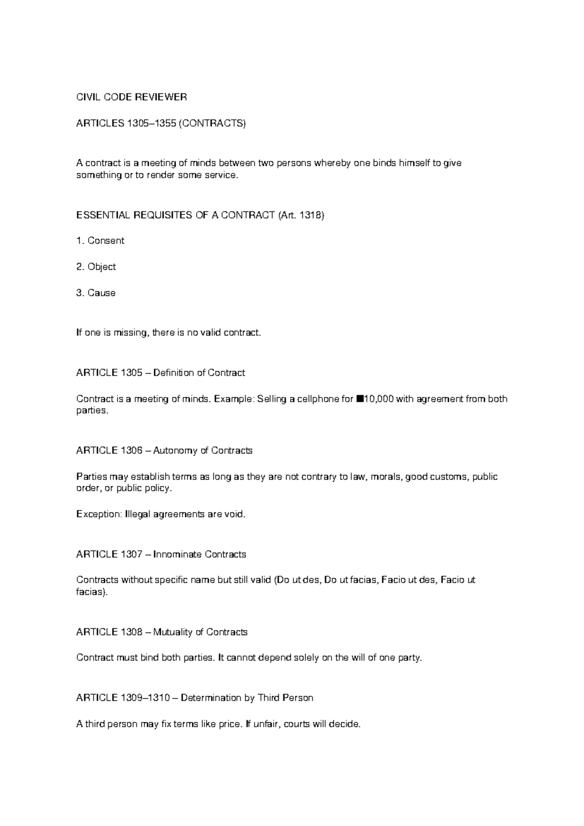 CIVIL CODE REVIEWER: CONTRACTS (ARTS. 1305-1355) - Studocu