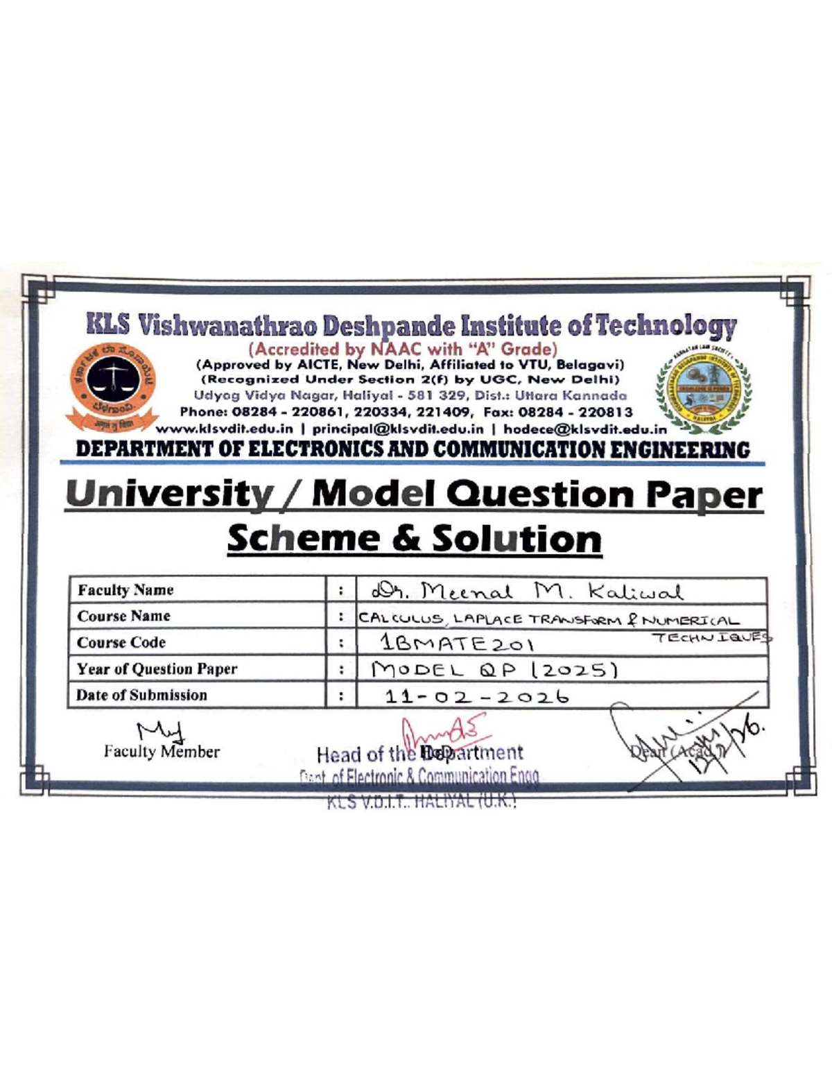 Model Question Paper & Solutions for 1BMATE201: Calculus, Laplace ...
