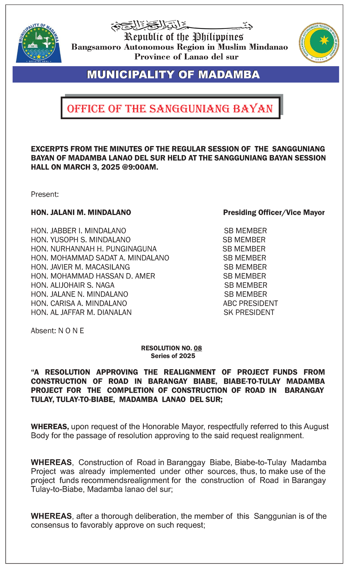 SB Resolution No. 08: Realignment of Project Funds in Madamba - Studocu