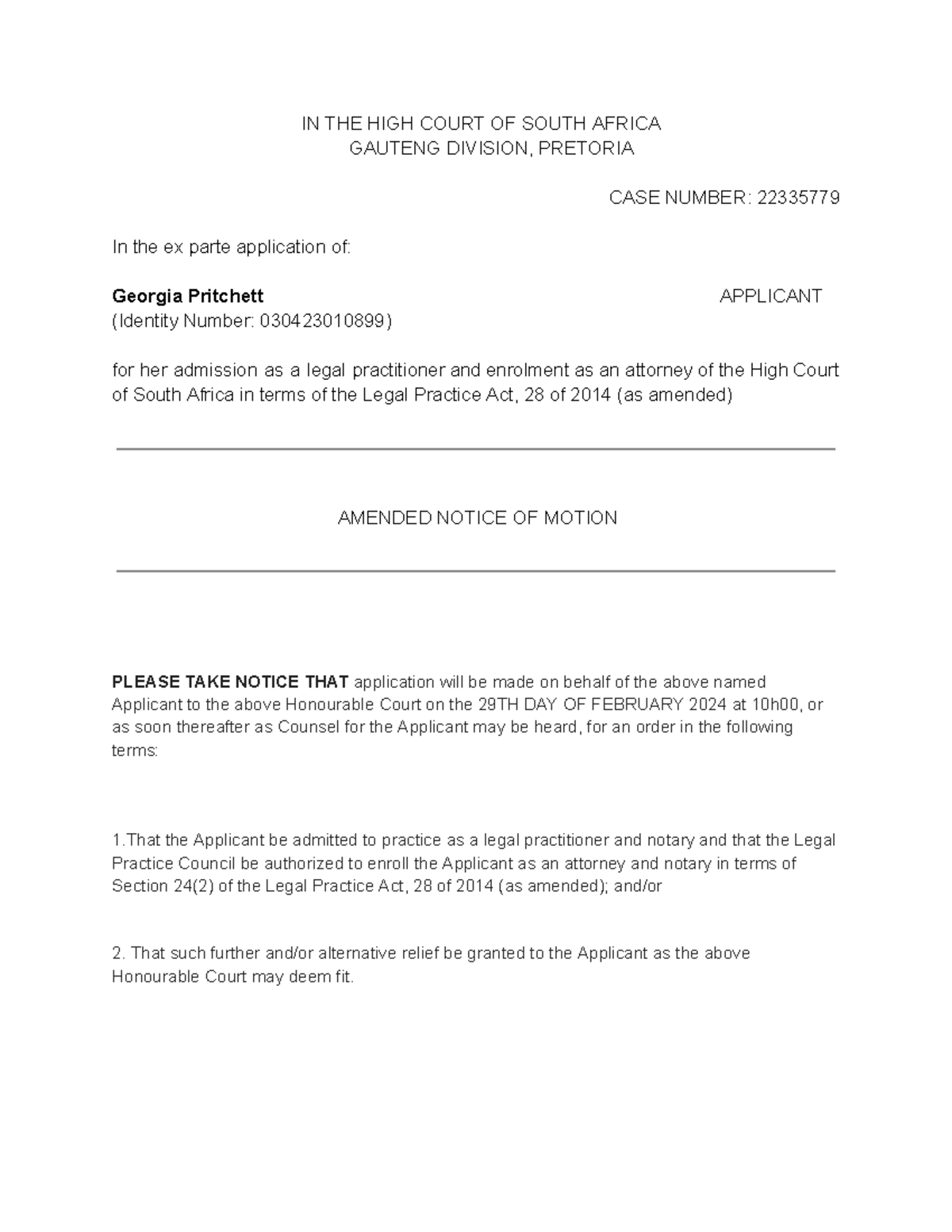 Ex Parte Application for Admission as Legal Practitioner - Case No ...