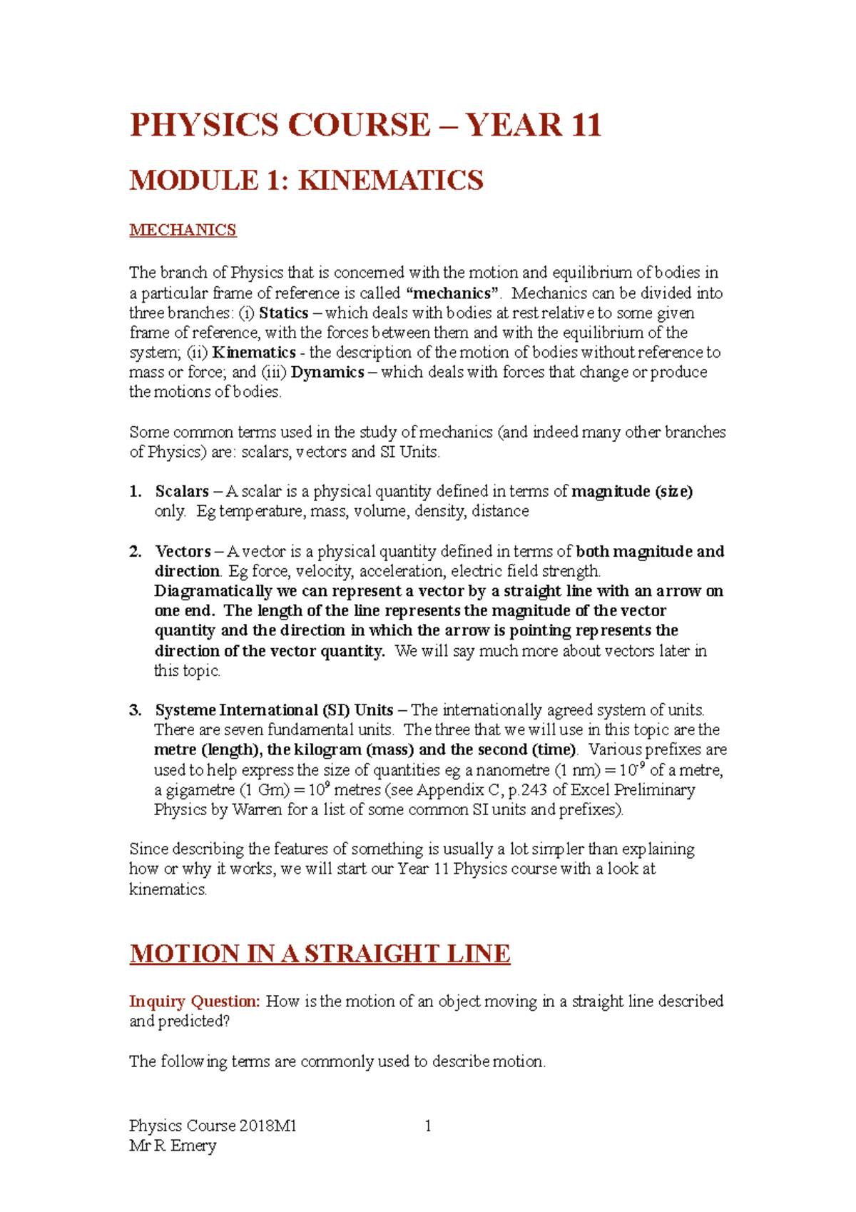 PHYSICS 2018M1 Kinematics: Mechanics, Motion, and Vectors in Focus ...