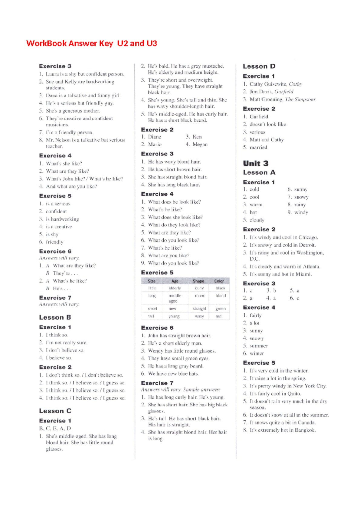 Work Book Answer Key U2 and U3 - WorkBook Answer Key U2 and U3 Exercise ...