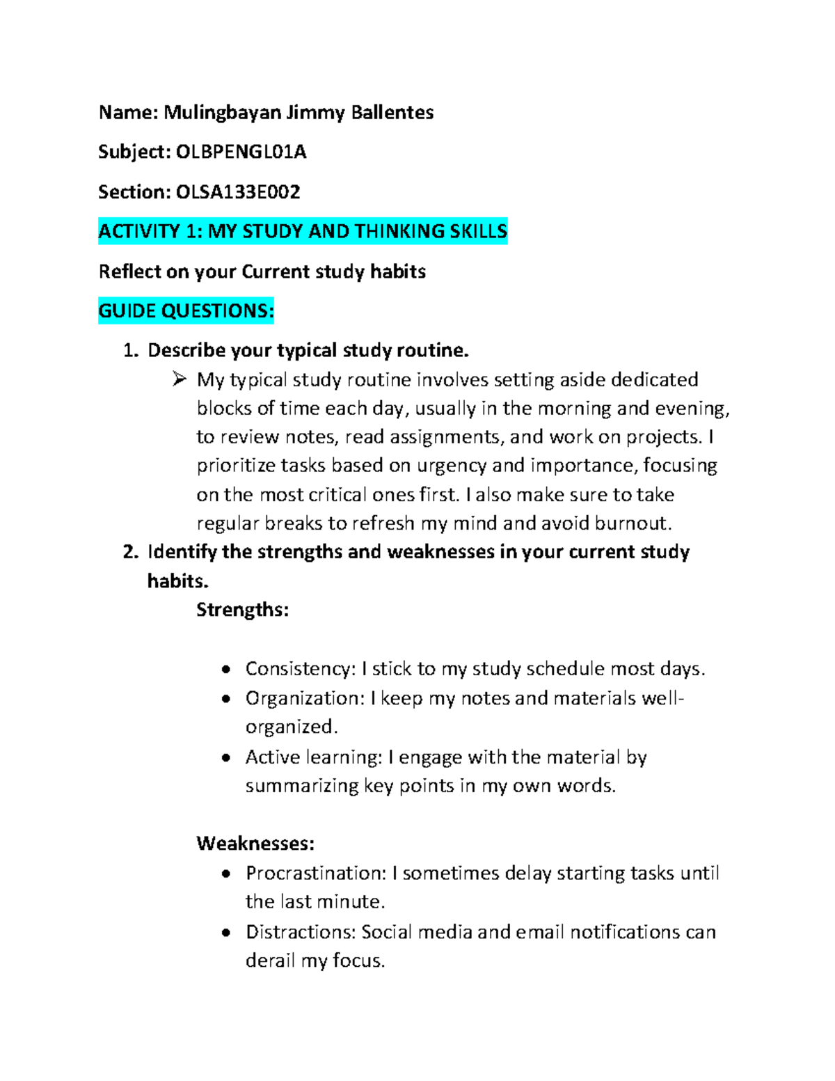 OLBPENGL01A Activity 1: Reflection on Study Habits and Skills - Studocu