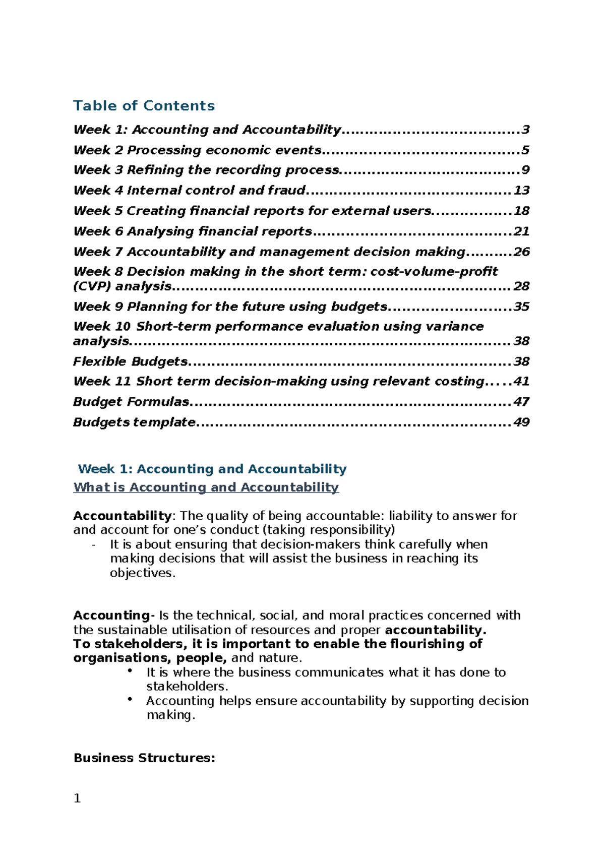 Sem 1 Accounting Notes - Table of Contents Week 1: Accounting and - Studocu
