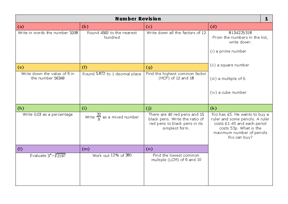 Number Revision Practice Grid 1 - Number Revision 1 (a) (b) (c) (d ...