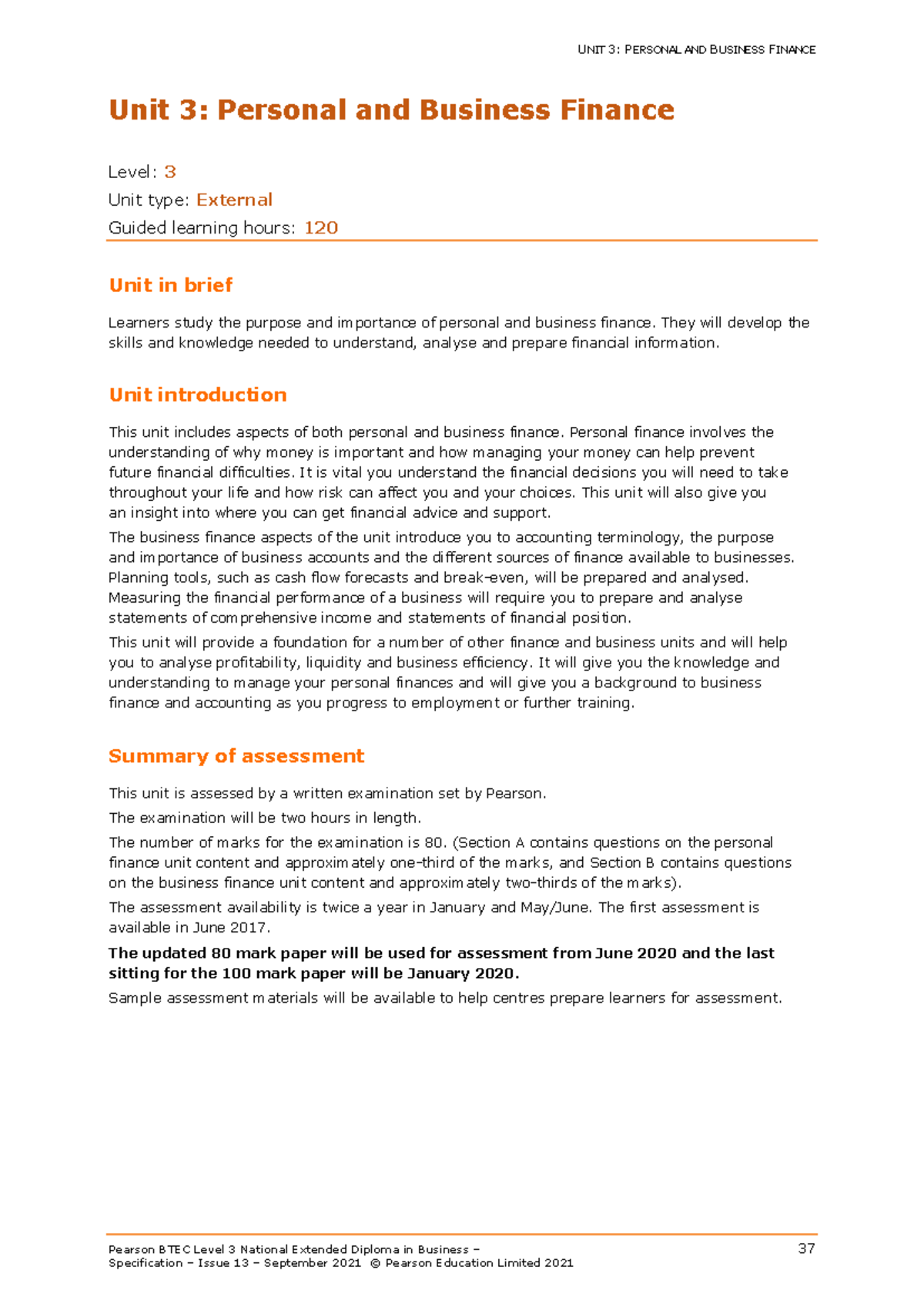 BTEC Level 3 Unit 3: Personal and Business Finance Overview - Studocu