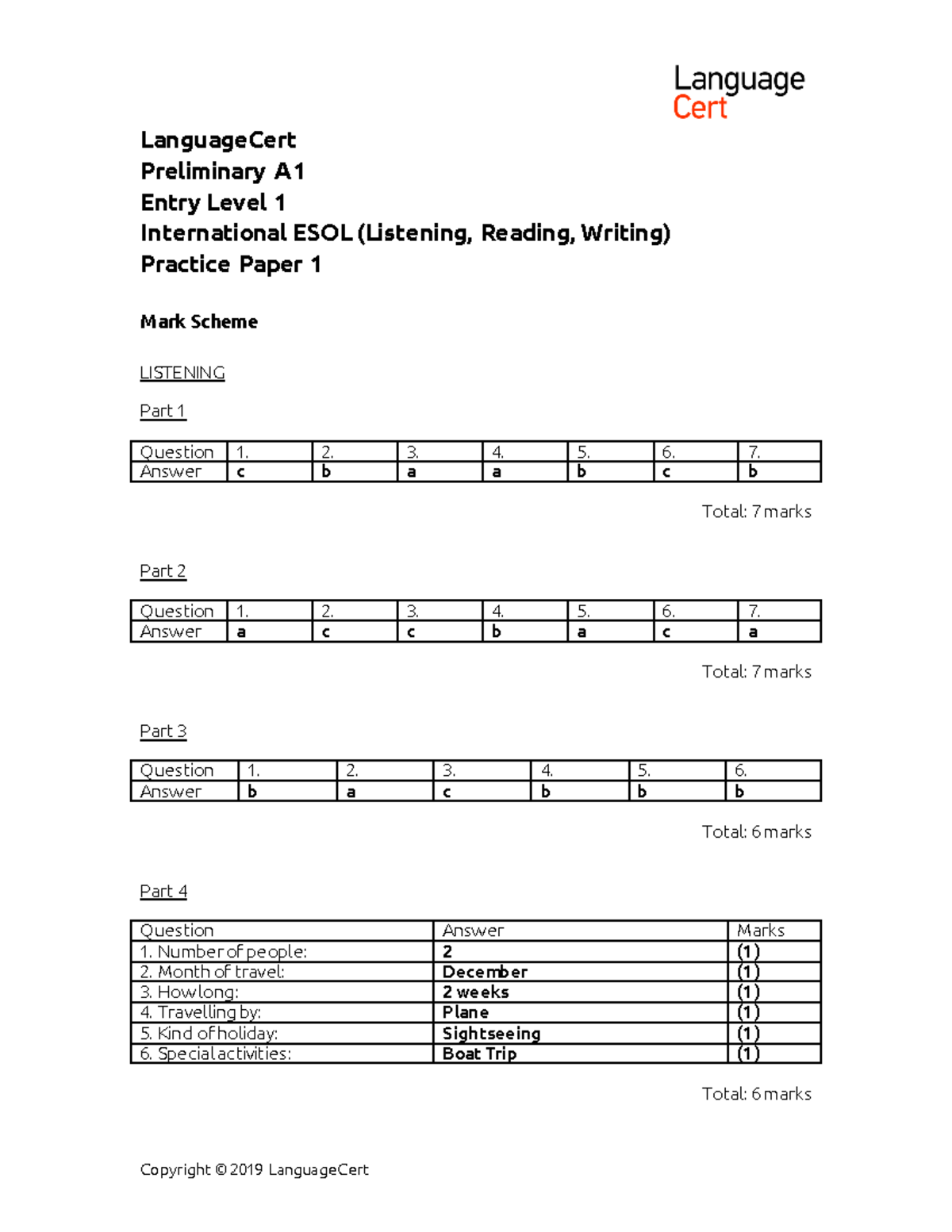 Answer - Test - Copyright © 2019 LanguageCert LanguageCert Preliminary ...