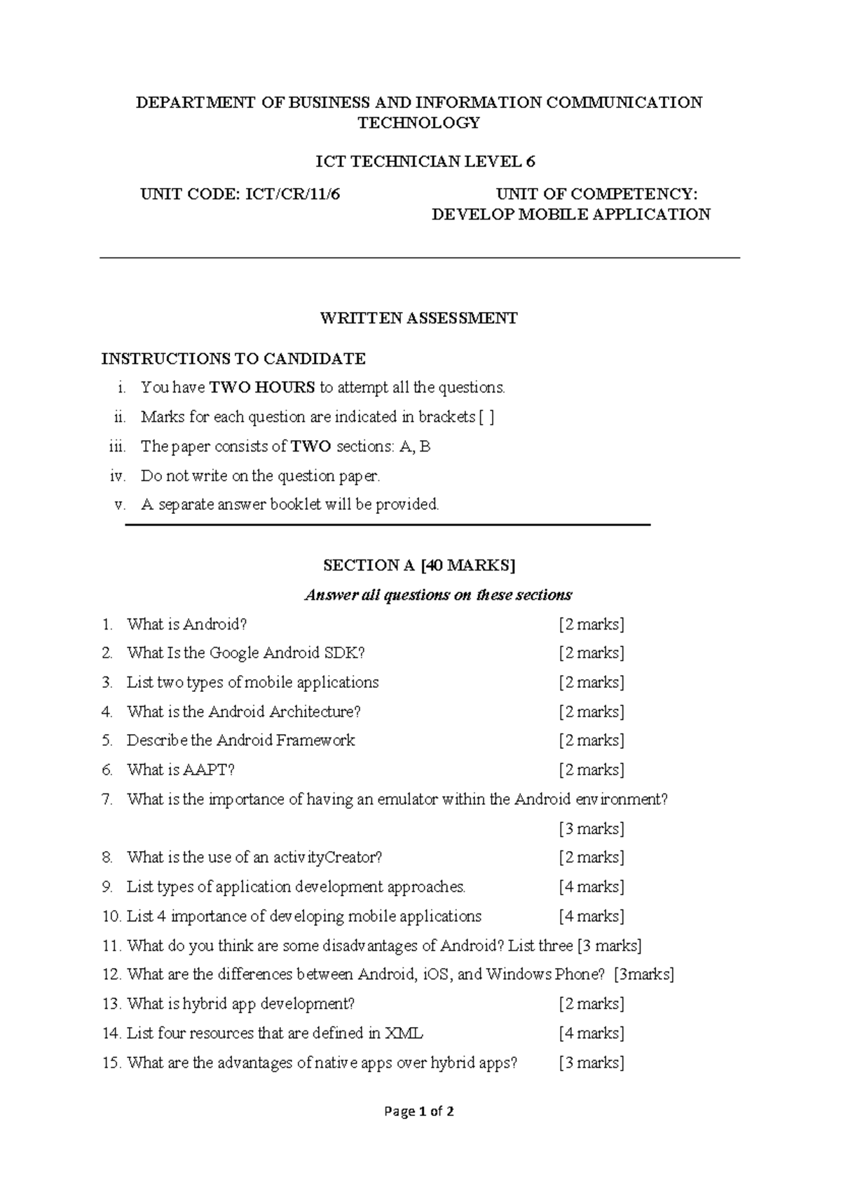 ICT Technician Level 6: Develop Mobile Application Assessment - Studocu